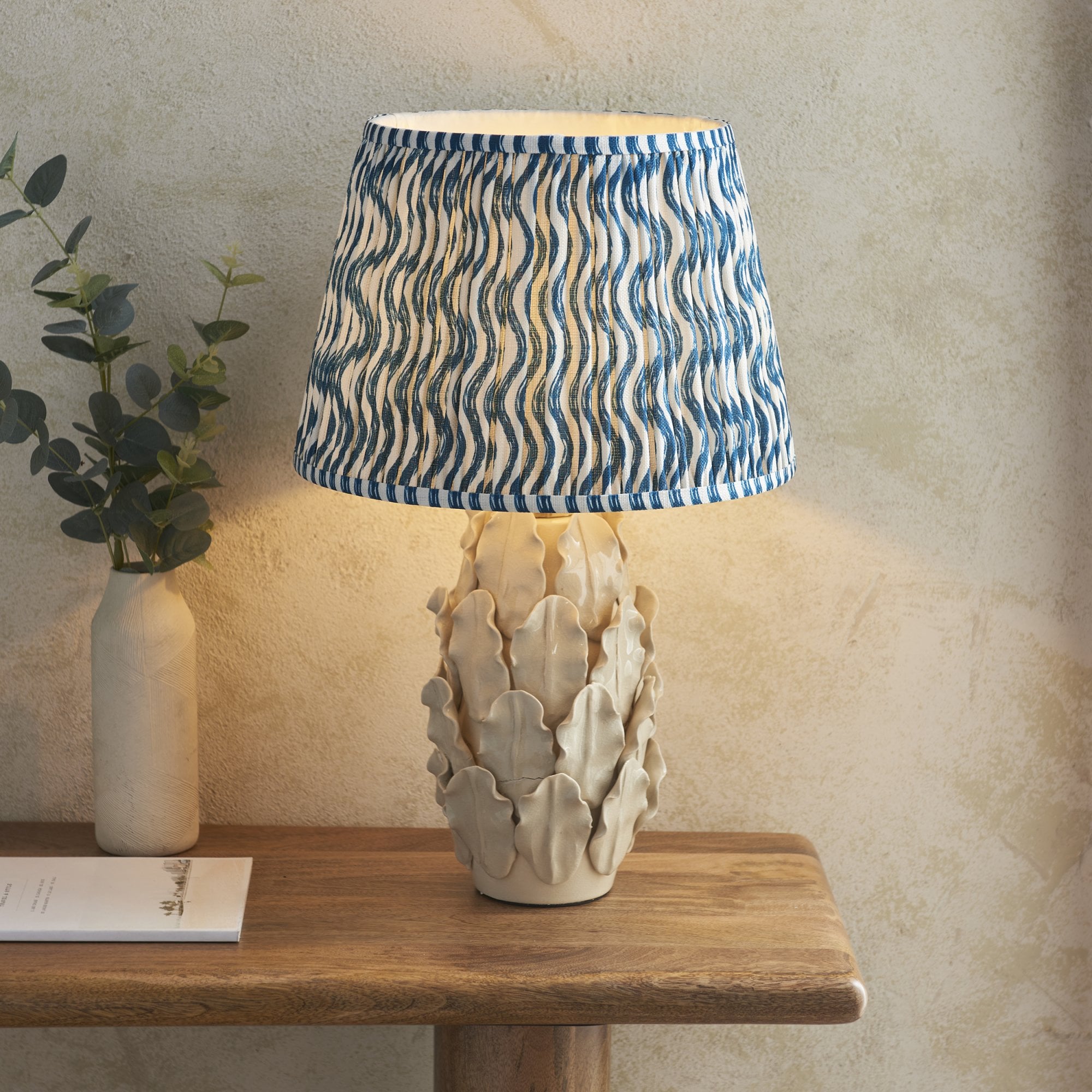 Endon Layered Tall Leaf Ivory Crackle Glaze Ceramic Table Lamp & Ripple 35cm Marlin Blue Shade