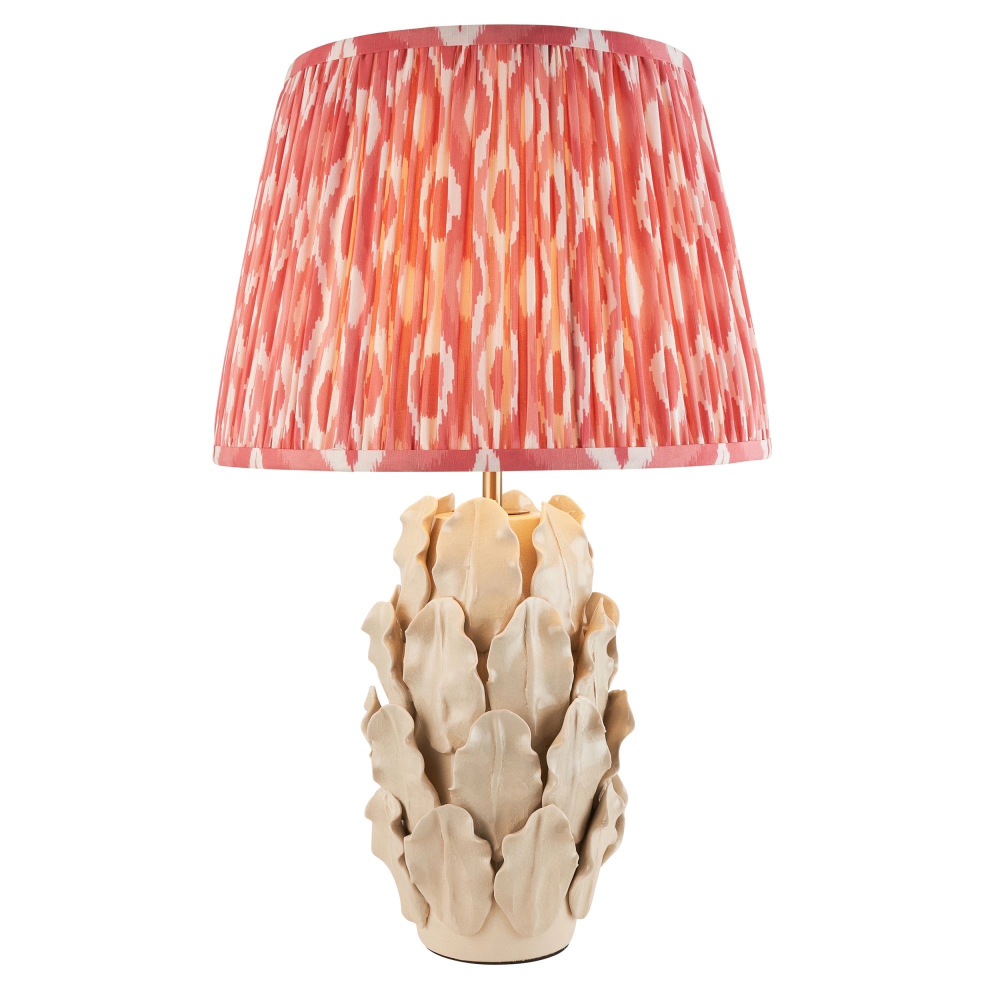 Endon Layered Decorative Leaf Ivory Crackle Glaze Ceramic Table Lamp & Ikat 35cm Coral Pink Shade