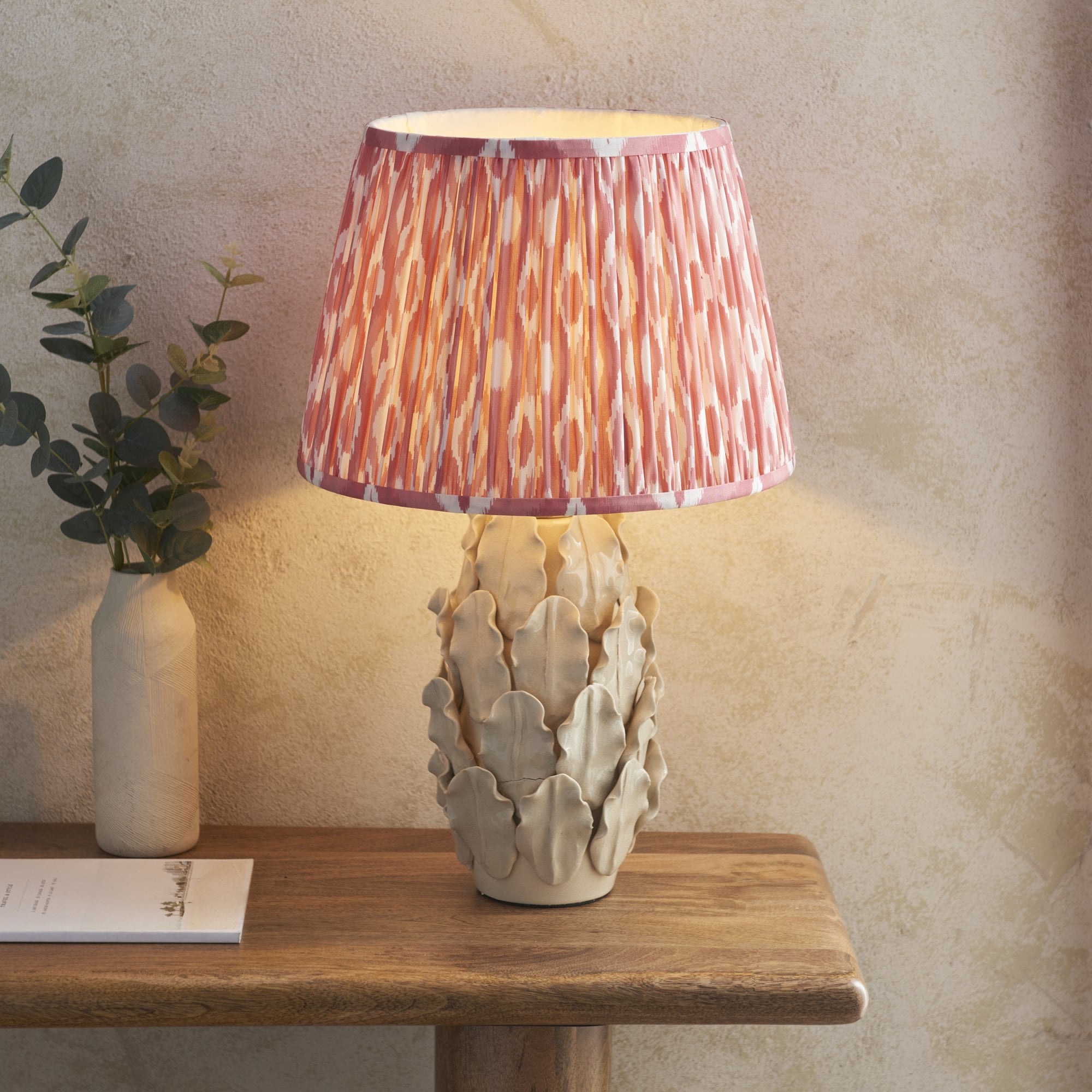 Endon Layered Decorative Leaf Ivory Crackle Glaze Ceramic Table Lamp & Ikat 35cm Coral Pink Shade