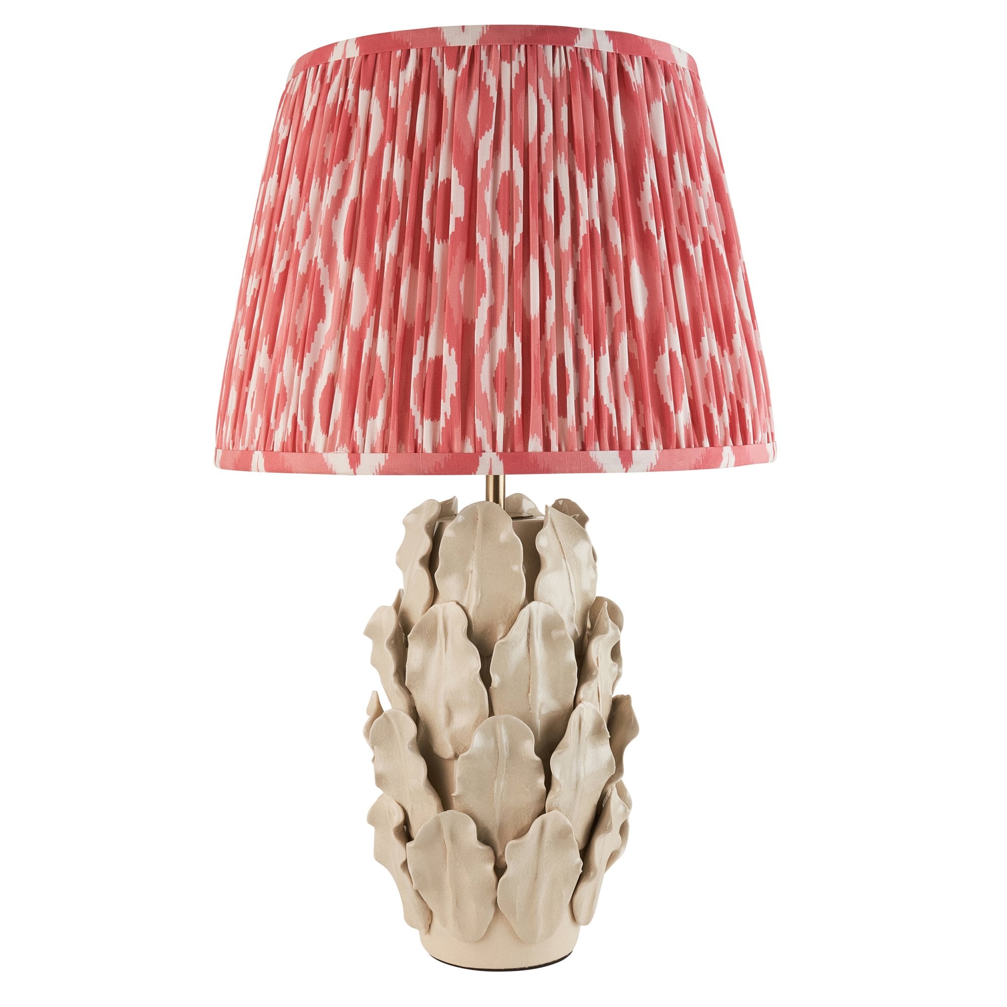 Endon Layered Decorative Leaf Ivory Crackle Glaze Ceramic Table Lamp & Ikat 35cm Coral Pink Shade