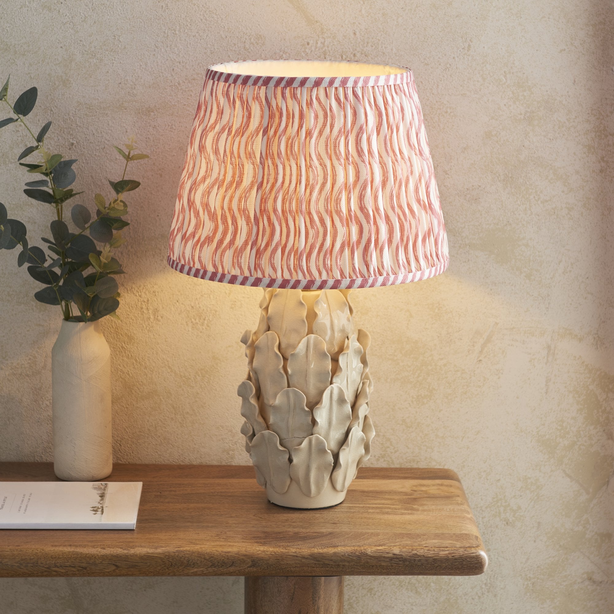 Endon Layered Decorative Leaf Ivory Crackle Glaze Ceramic Table Lamp & Ripple 35cm Coral Pink Shade
