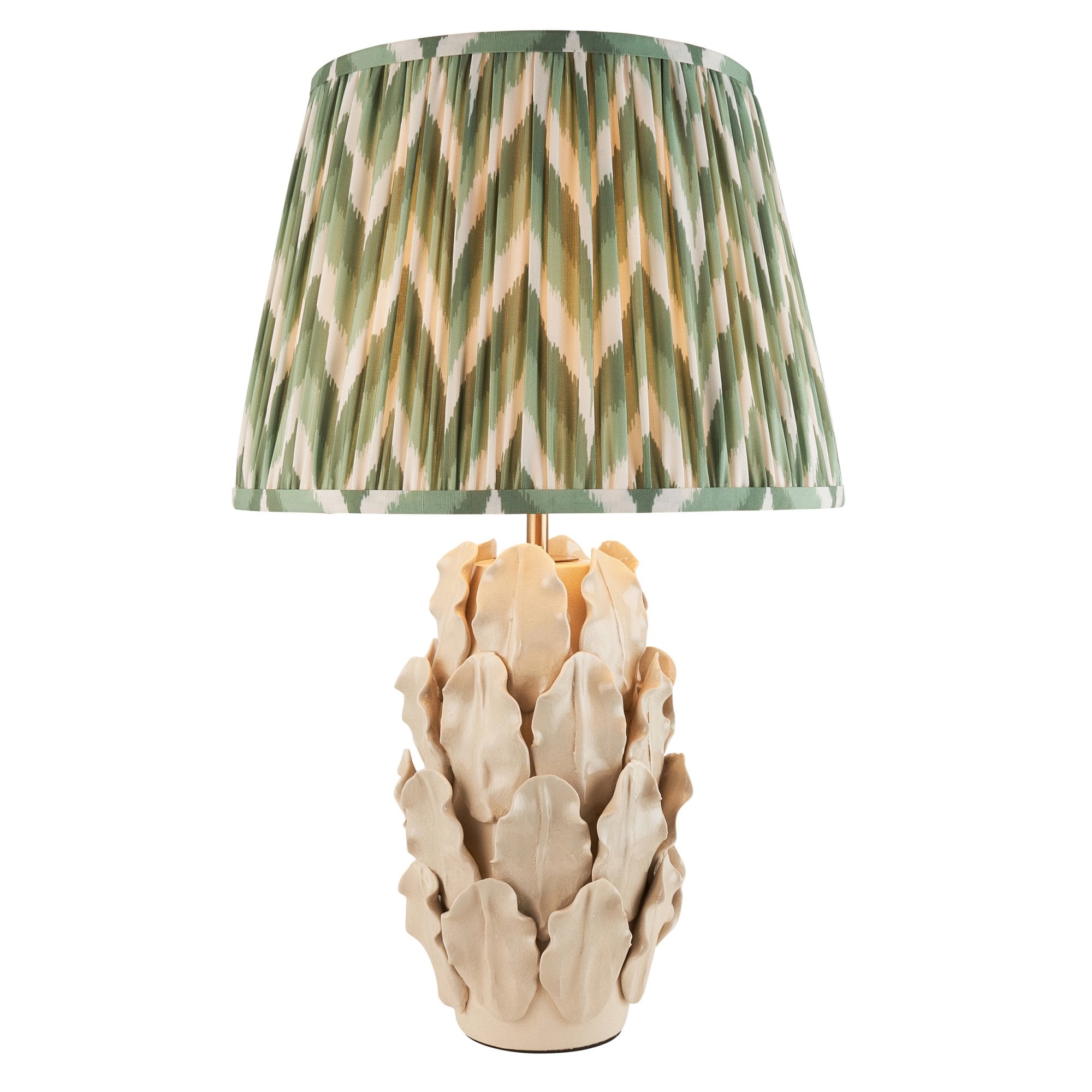 Endon Layered Decorative Leaf Ivory Crackle Glaze Ceramic Table Lamp & Zigzag 35cm Cotswold Green Shade