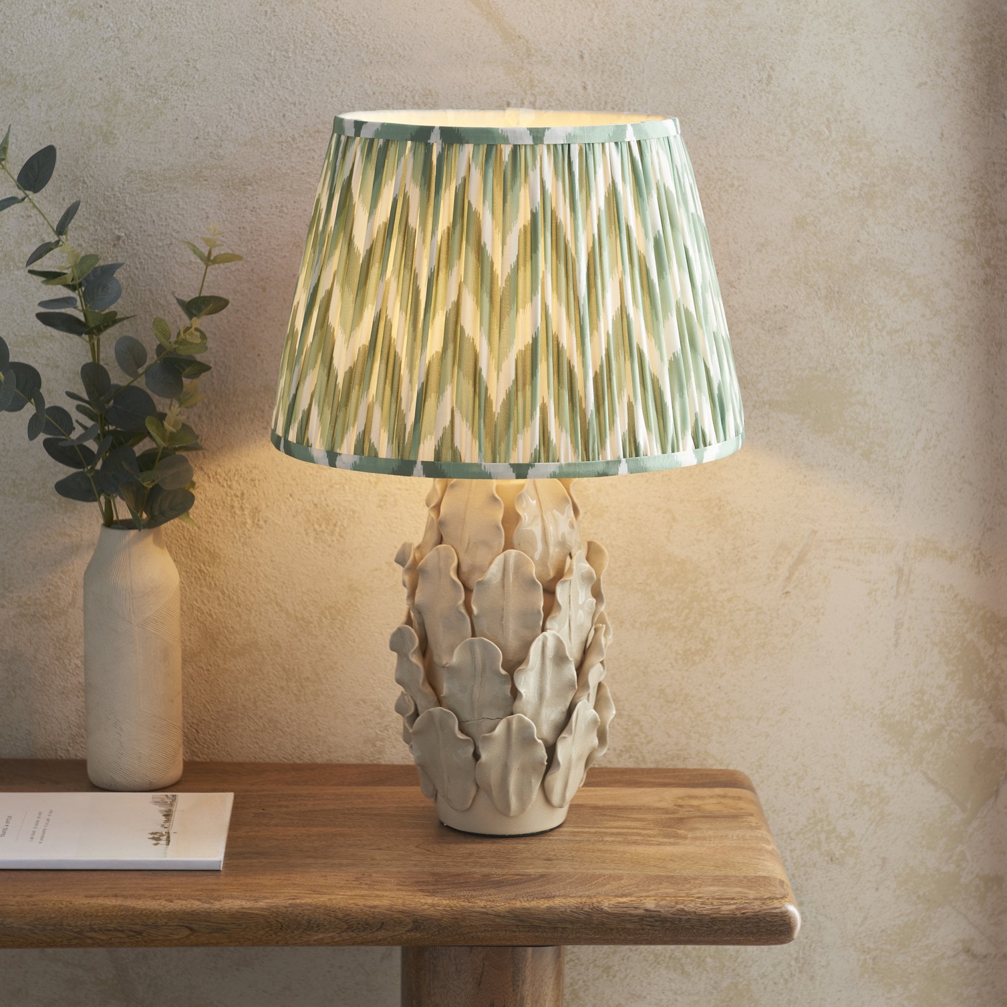Endon Layered Decorative Leaf Ivory Crackle Glaze Ceramic Table Lamp & Zigzag 35cm Cotswold Green Shade