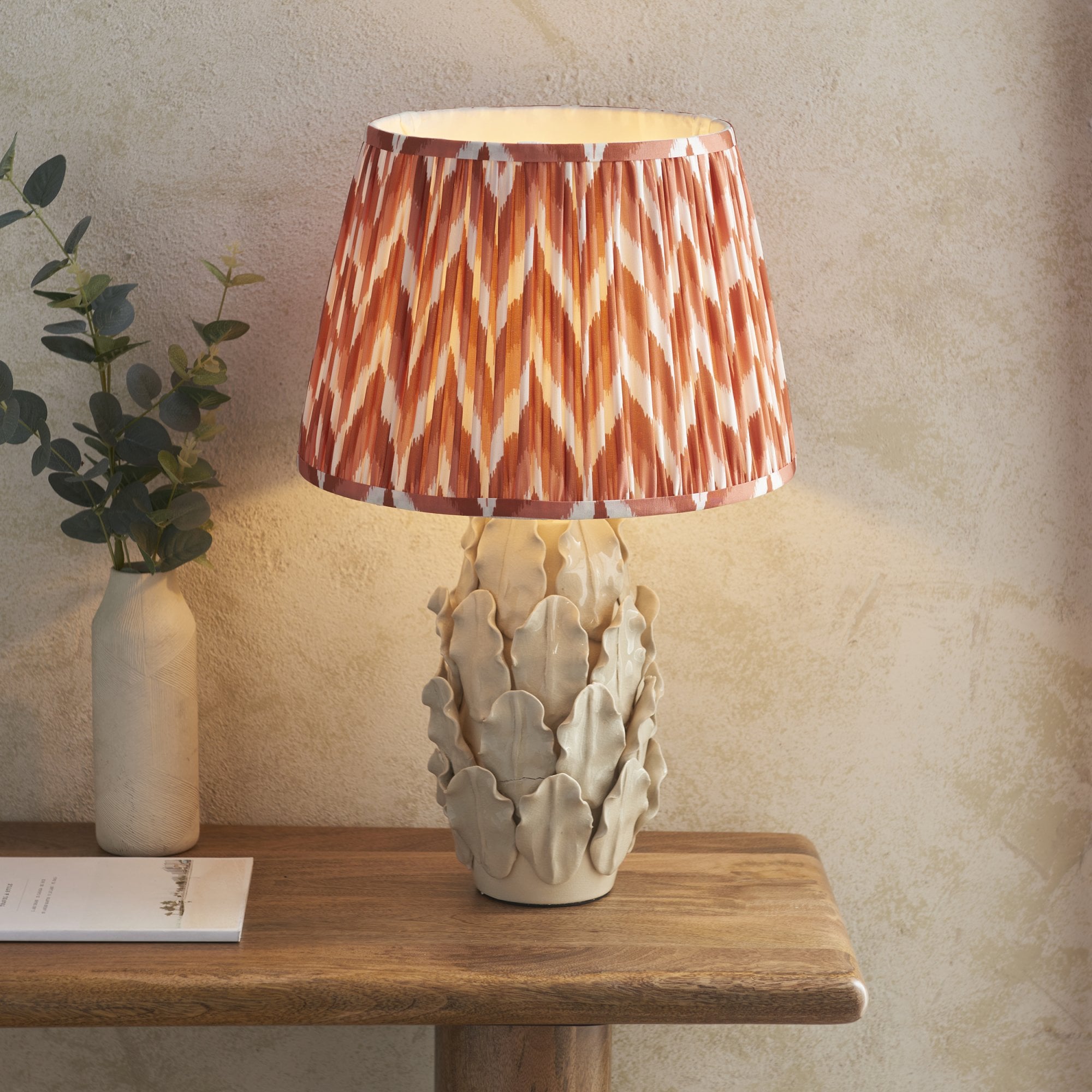 Endon Layered Decorative Leaf Ivory Crackle Glaze Ceramic Table Lamp & Zigzag 35cm Apricot Orange Shade