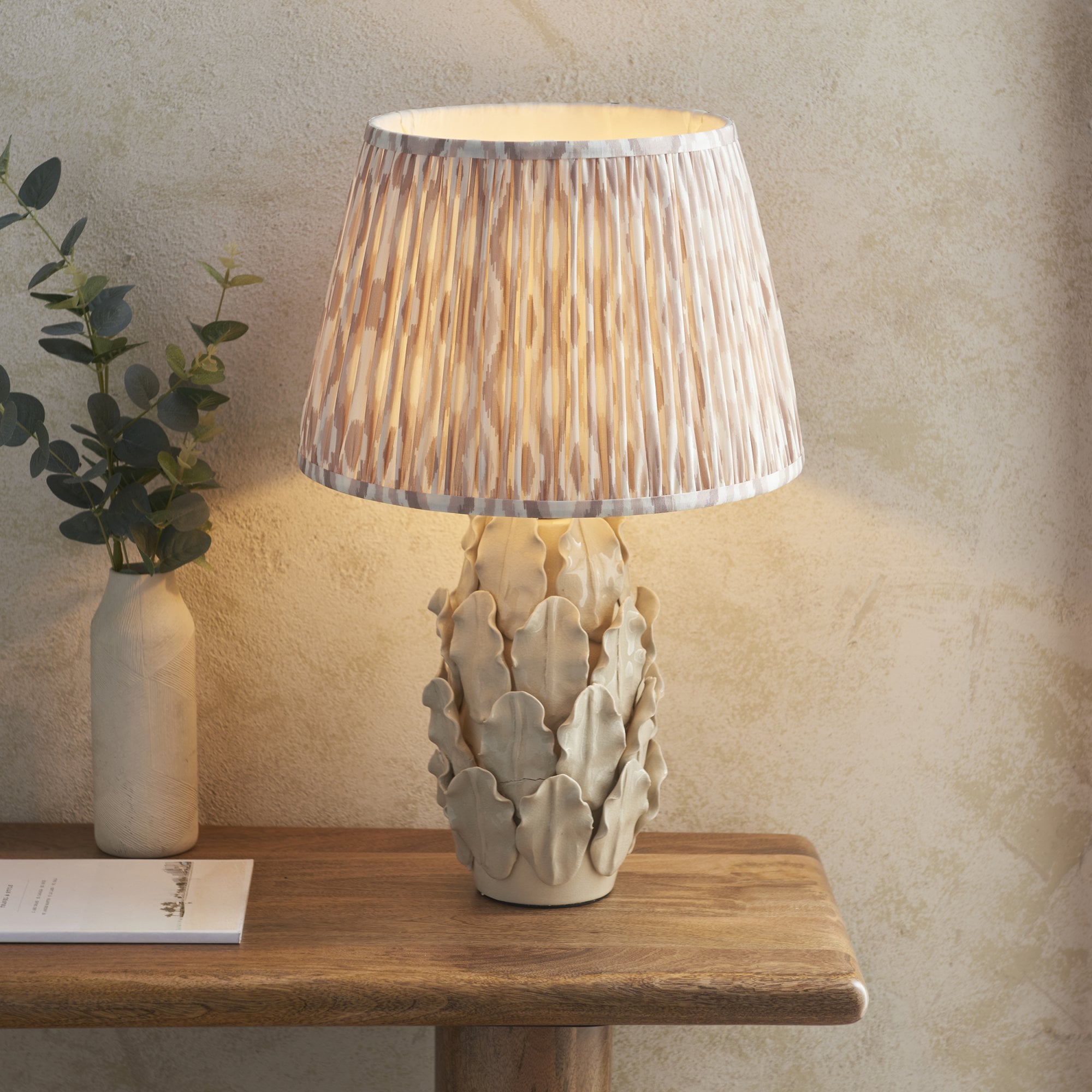 Endon Layered Decorative Leaf Ivory Crackle Glaze Ceramic Table Lamp & Ikat 35cm Neutral Shade