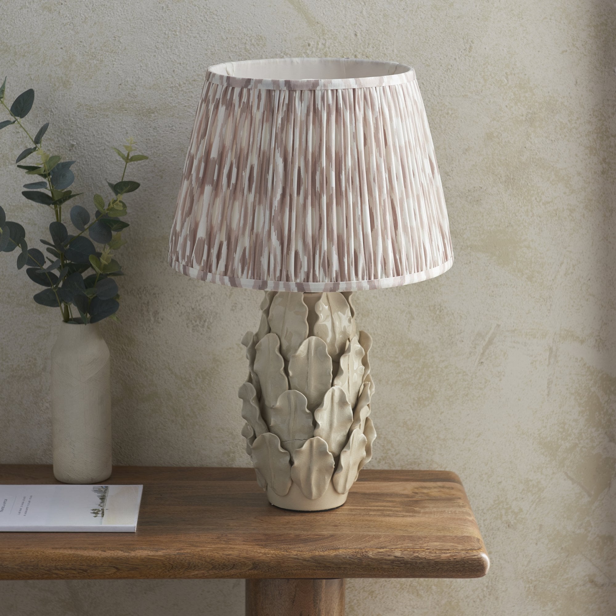 Endon Layered Decorative Leaf Ivory Crackle Glaze Ceramic Table Lamp & Ikat 35cm Neutral Shade