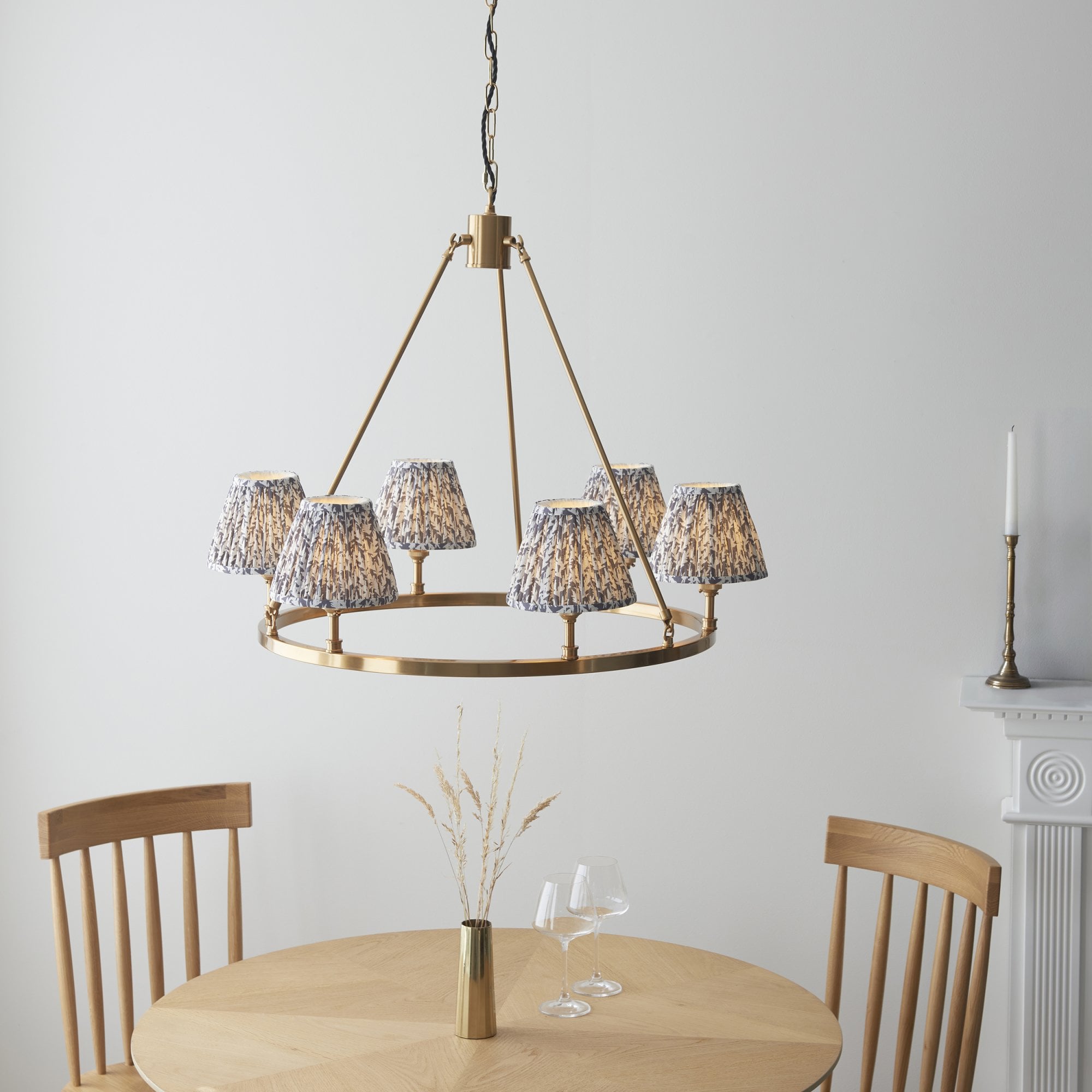 Endon Chester Aged Brass Plate 3 Light Pendant & Leaf 16cm Pearl Grey Shade