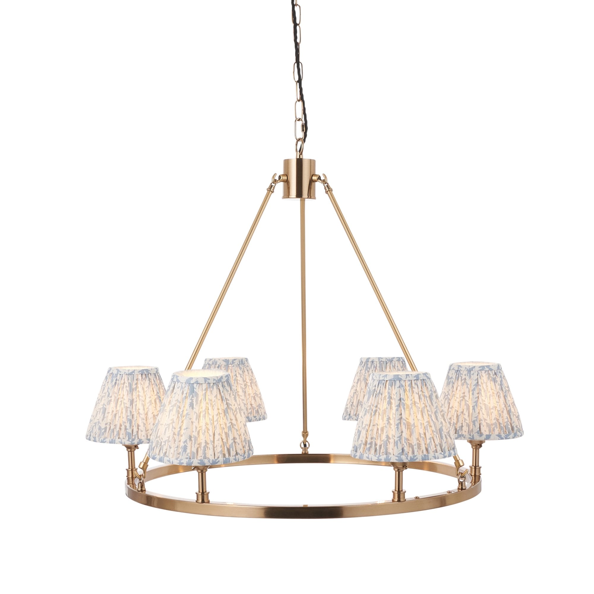Endon Chester Aged Brass Plate 6 Light Pendant & Leaf 16cm Shell Bay Blue Shade