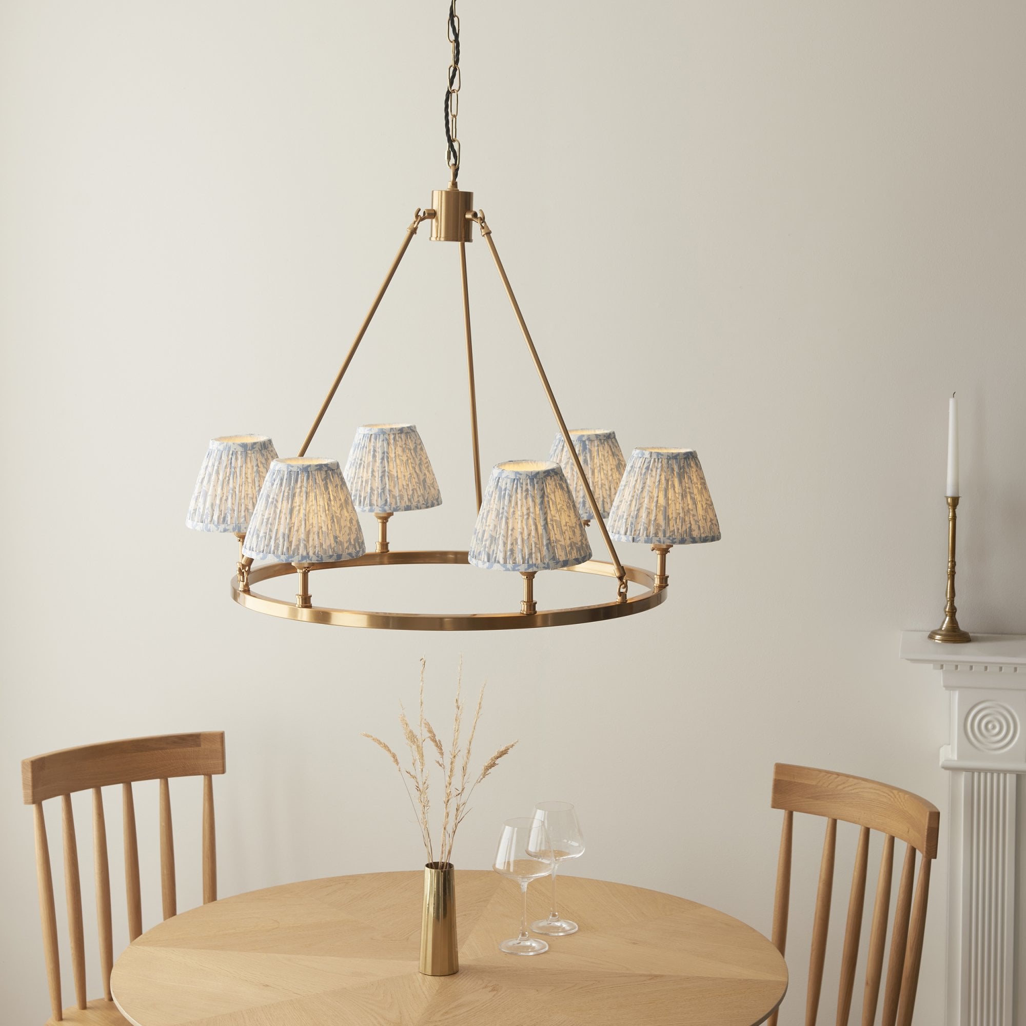 Endon Chester Aged Brass Plate 6 Light Pendant & Leaf 16cm Shell Bay Blue Shade