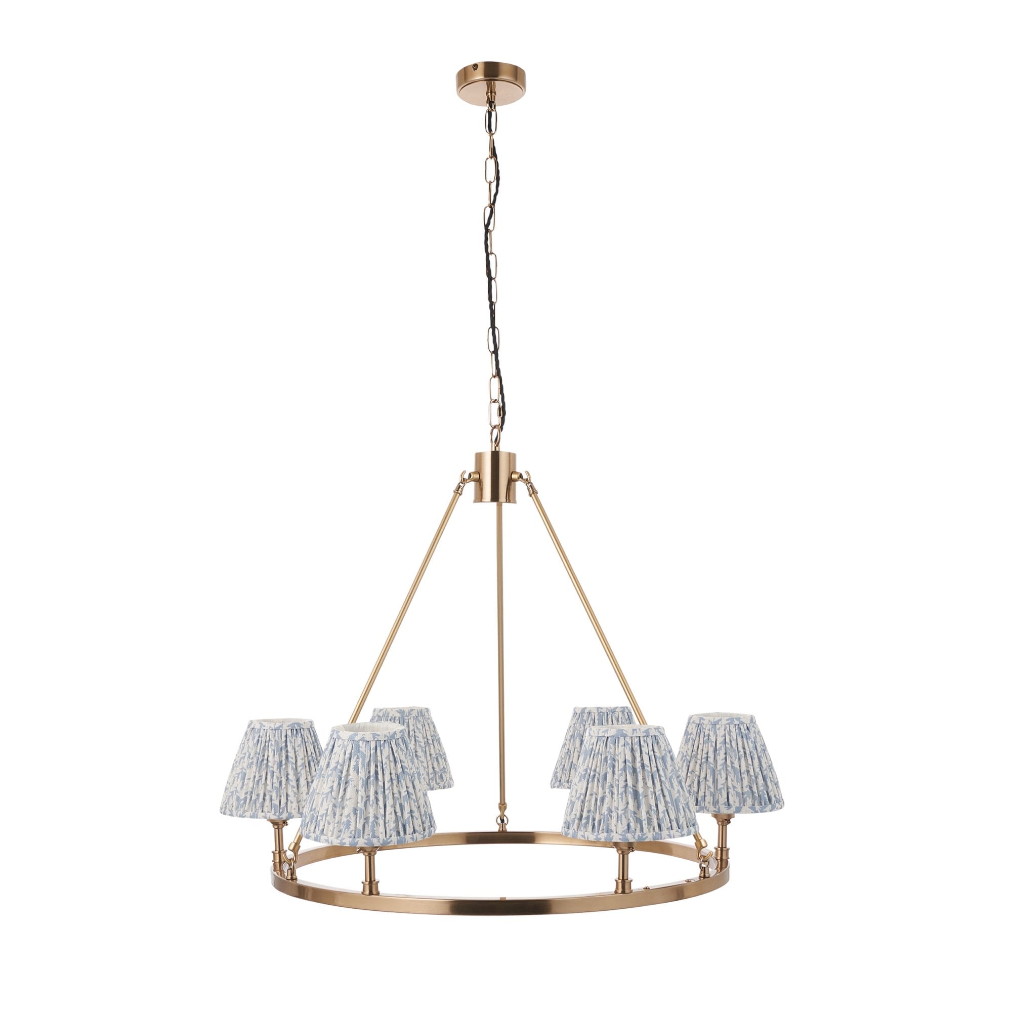 Endon Chester Aged Brass Plate 6 Light Pendant & Leaf 16cm Shell Bay Blue Shade