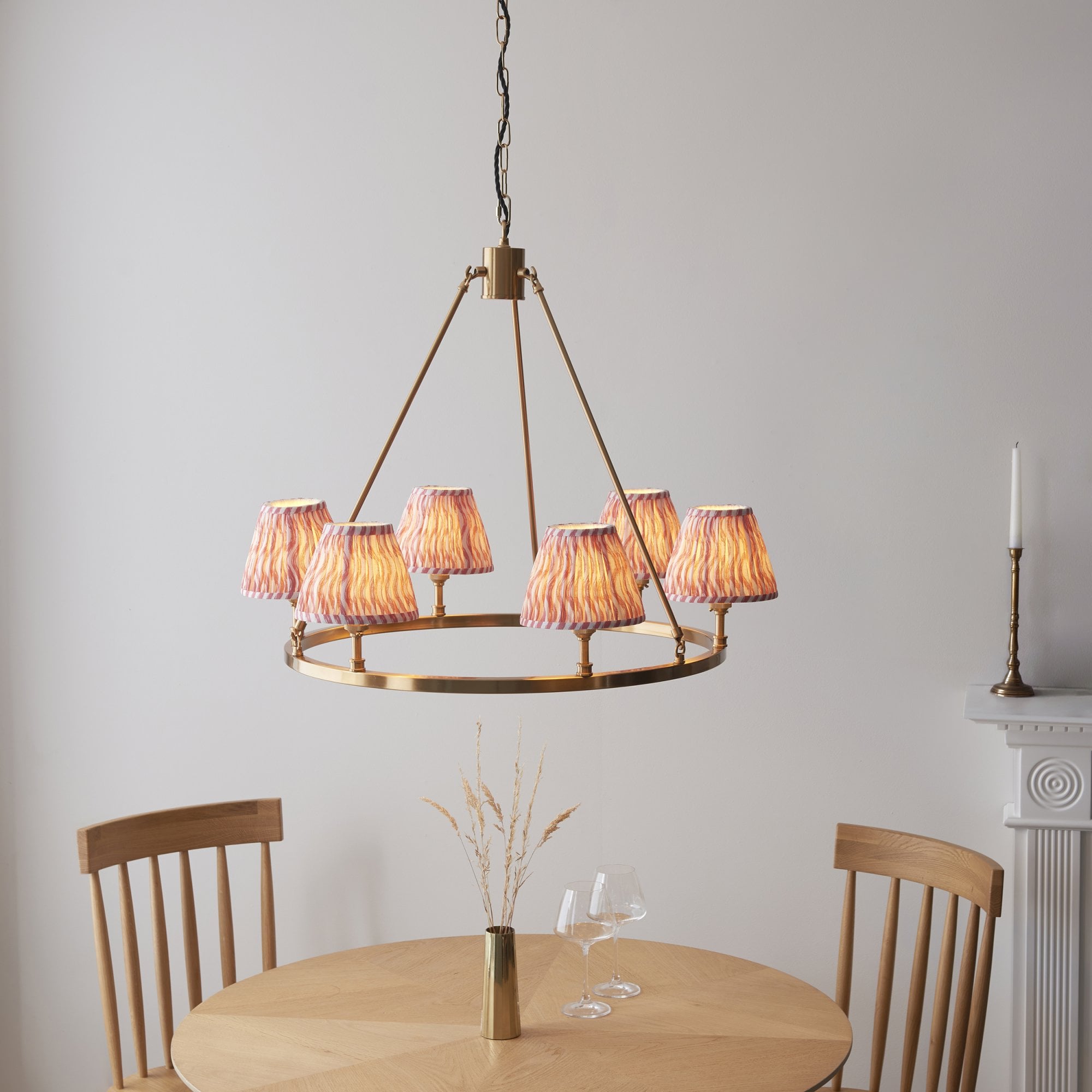 Endon Chester Aged Brass Plate 6 Light Pendant & Ripple 16cm Coral Pink Shade