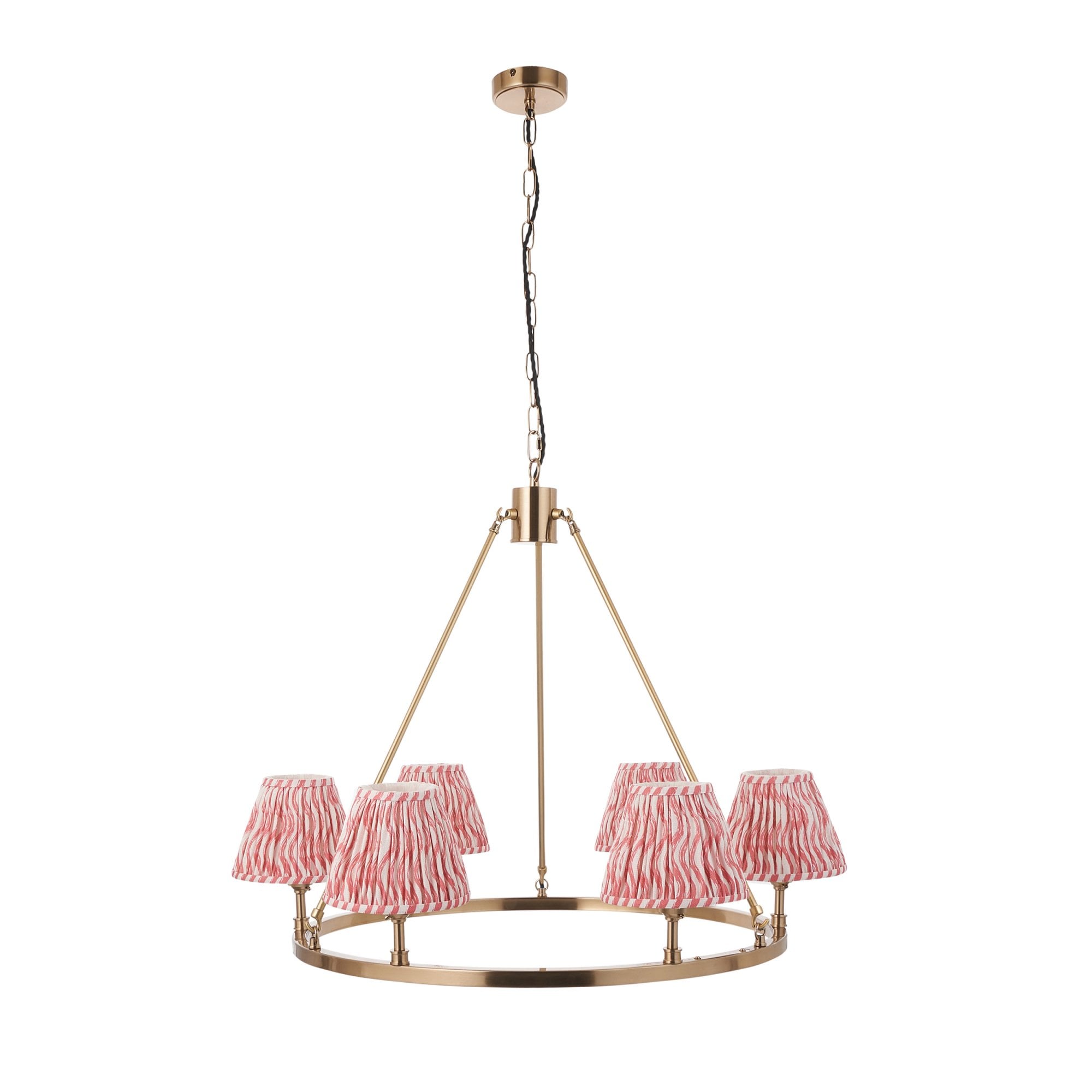 Endon Chester Aged Brass Plate 6 Light Pendant & Ripple 16cm Coral Pink Shade