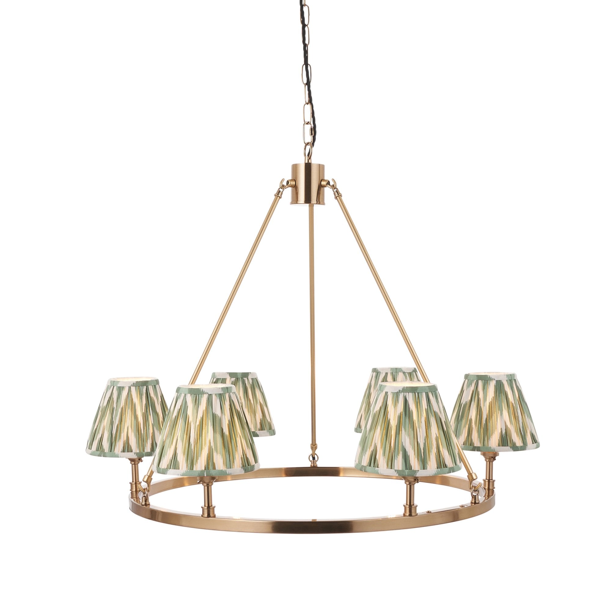 Endon Chester Aged Brass Plate 3 Light Pendant & Zigzag 16cm Cotswold Green Shade