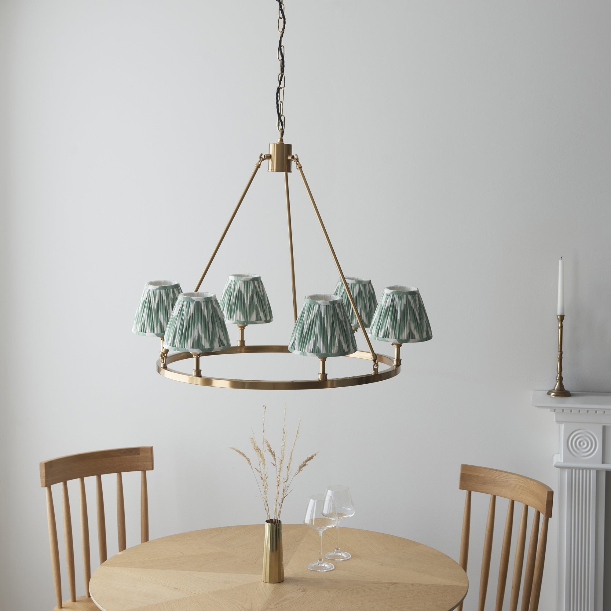 Endon Chester Aged Brass Plate 3 Light Pendant & Zigzag 16cm Cotswold Green Shade