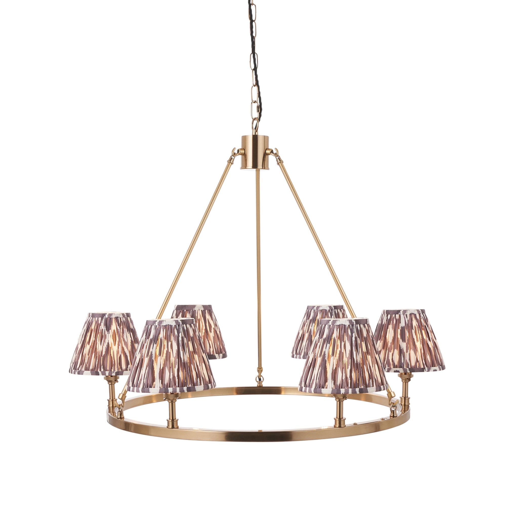 Endon Chester Aged Brass Plate 6 Light Pendant & Ikat 16cm Pearl Grey Shade