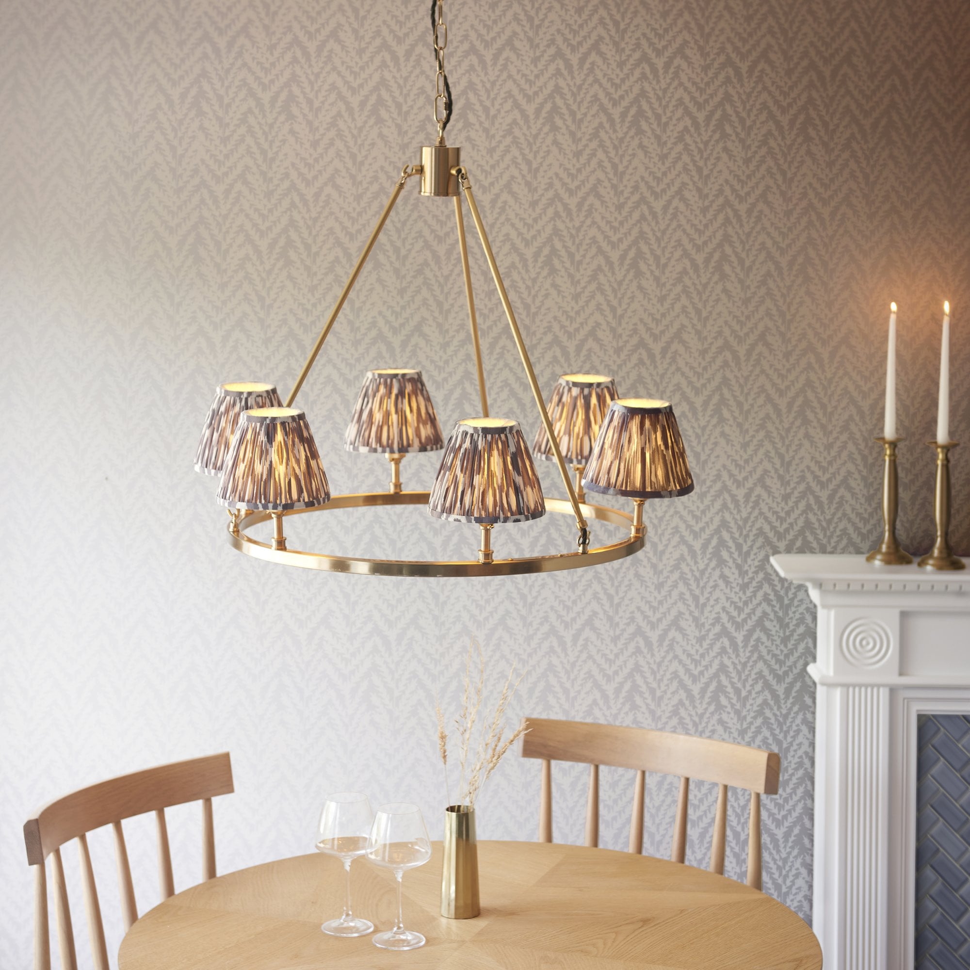 Endon Chester Aged Brass Plate 6 Light Pendant & Ikat 16cm Pearl Grey Shade