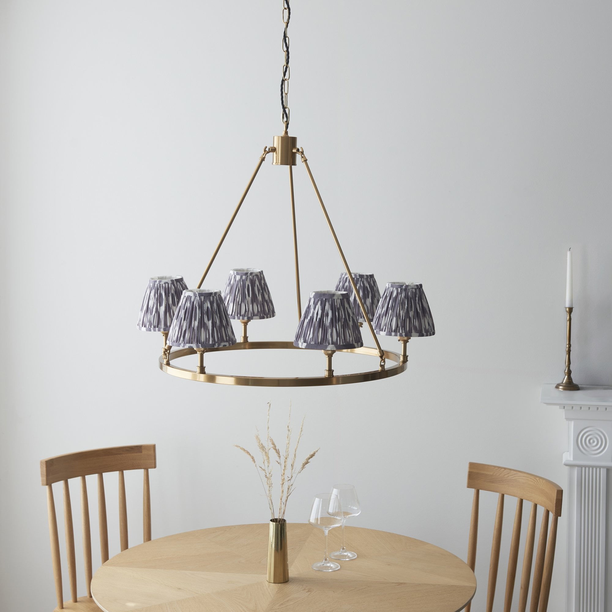 Endon Chester Aged Brass Plate 6 Light Pendant & Ikat 16cm Pearl Grey Shade