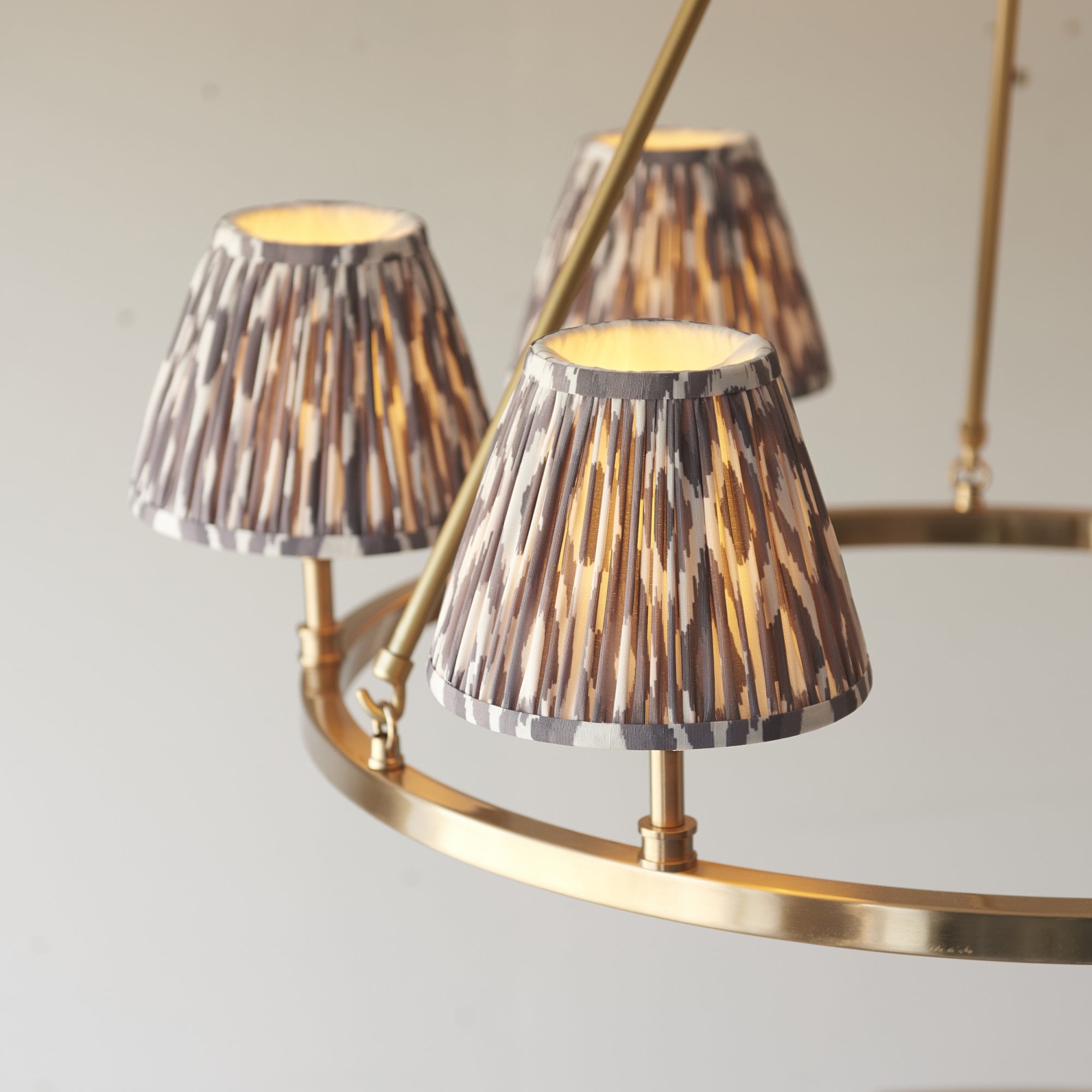 Endon Chester Aged Brass Plate 6 Light Pendant & Ikat 16cm Pearl Grey Shade