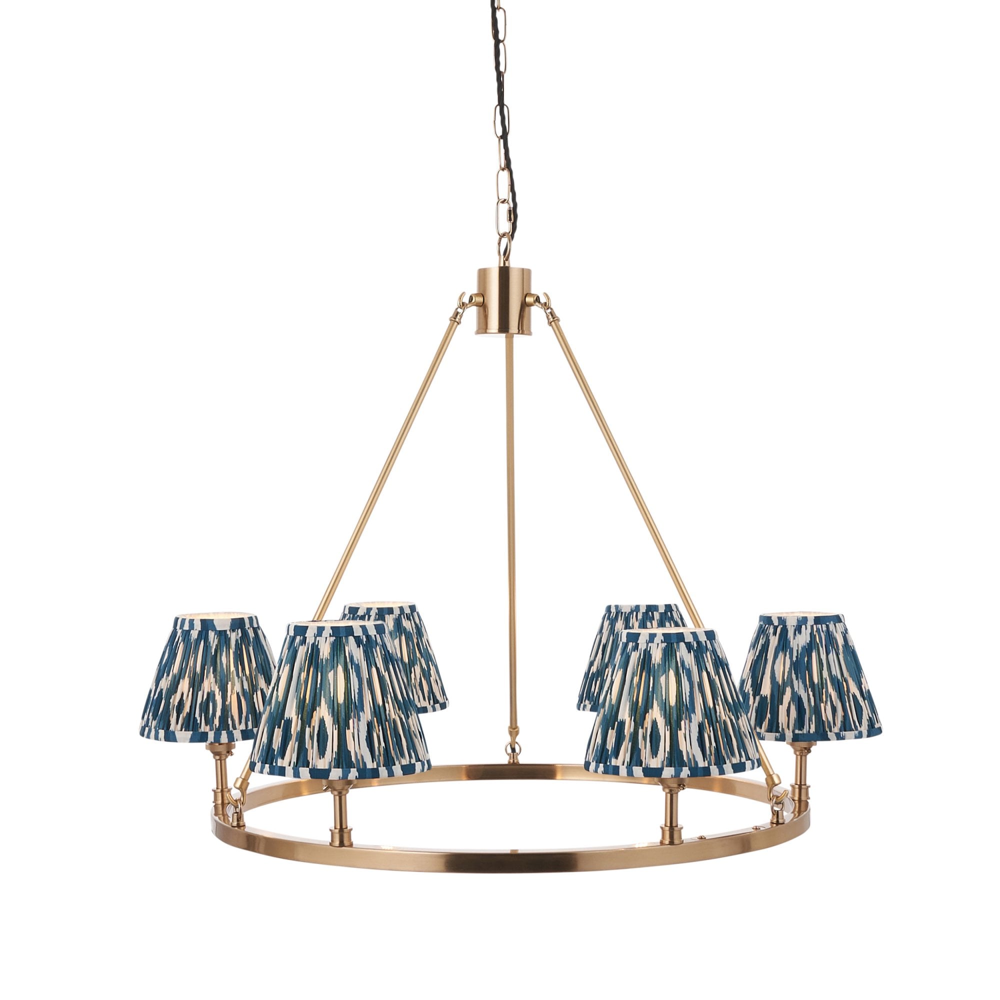 Endon Chester Aged Brass Plate 3 Light Pendant & Ikat 16cm Marlin Blue Shade