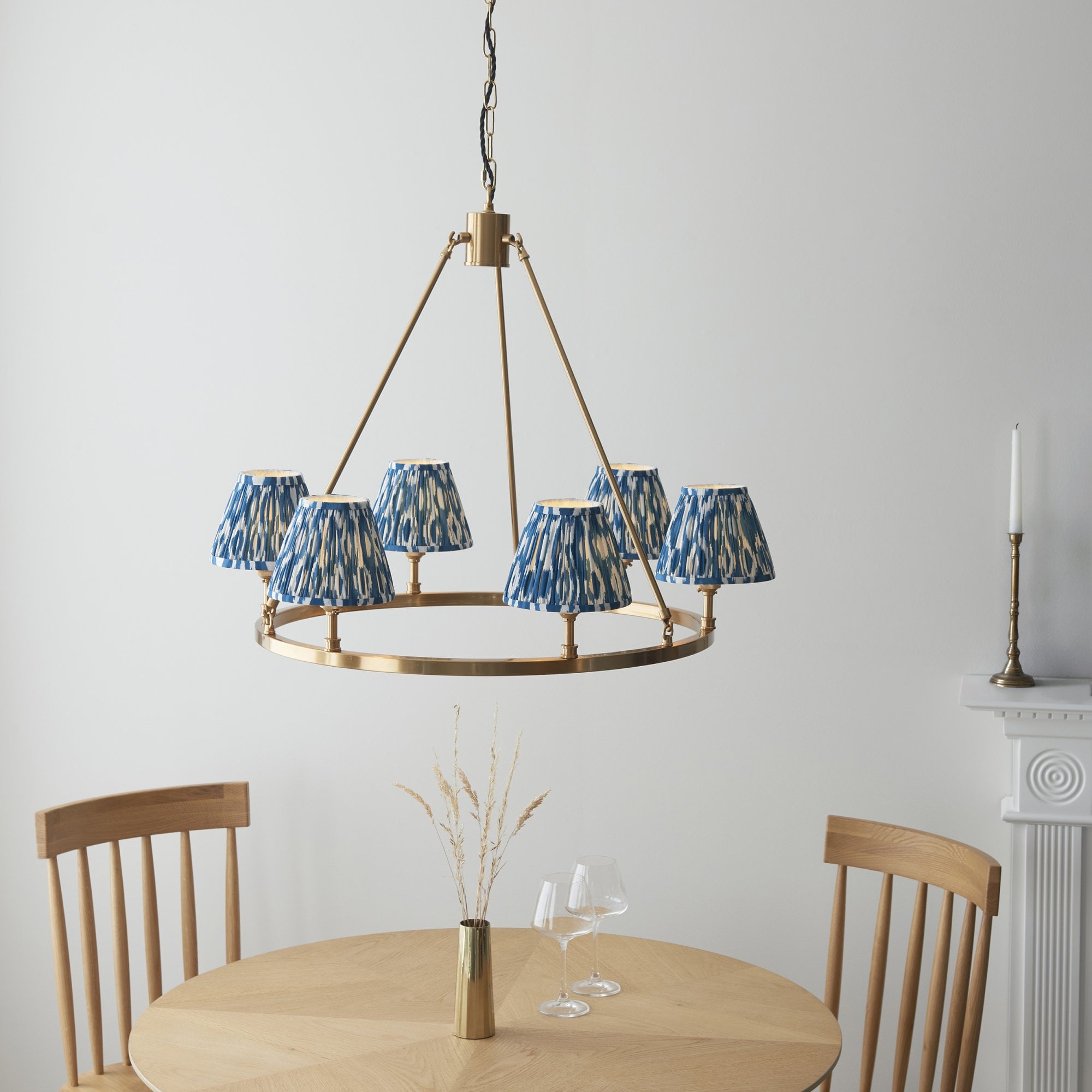 Endon Chester Aged Brass Plate 3 Light Pendant & Ikat 16cm Marlin Blue Shade