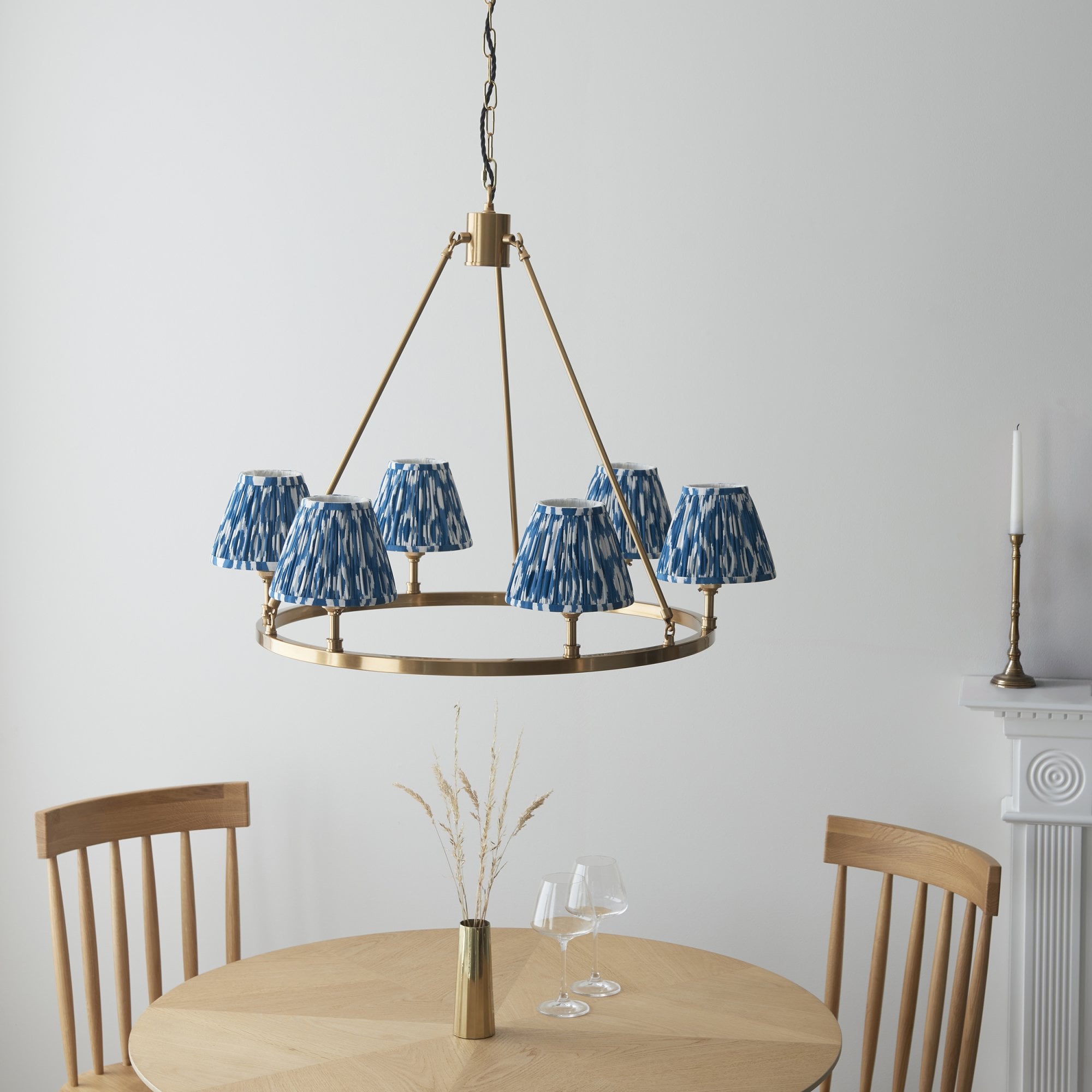 Endon Chester Aged Brass Plate 3 Light Pendant & Ikat 16cm Marlin Blue Shade