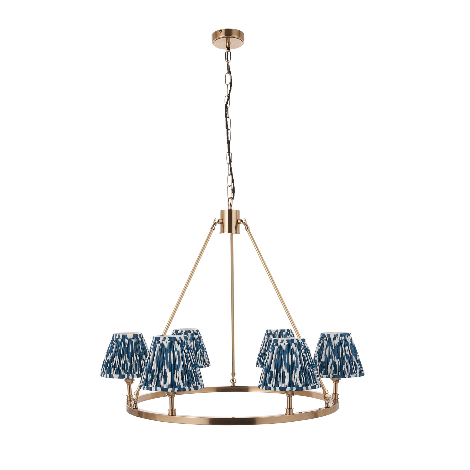 Endon Chester Aged Brass Plate 3 Light Pendant & Ikat 16cm Marlin Blue Shade