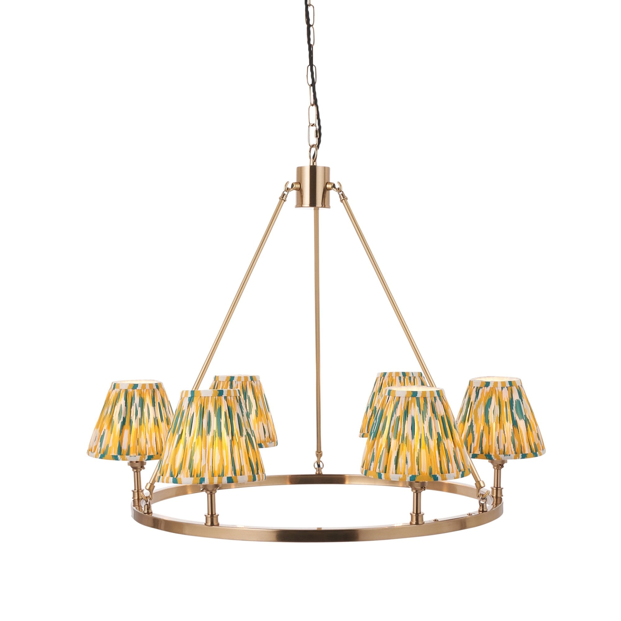 Endon Chester Aged Brass Plate 6 Light Pendant & Ikat 16cm Yellow & Jade Shade