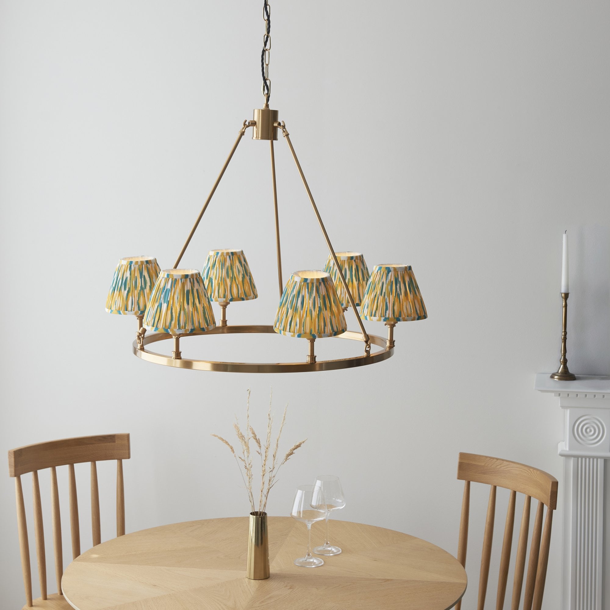 Endon Chester Aged Brass Plate 6 Light Pendant & Ikat 16cm Yellow & Jade Shade
