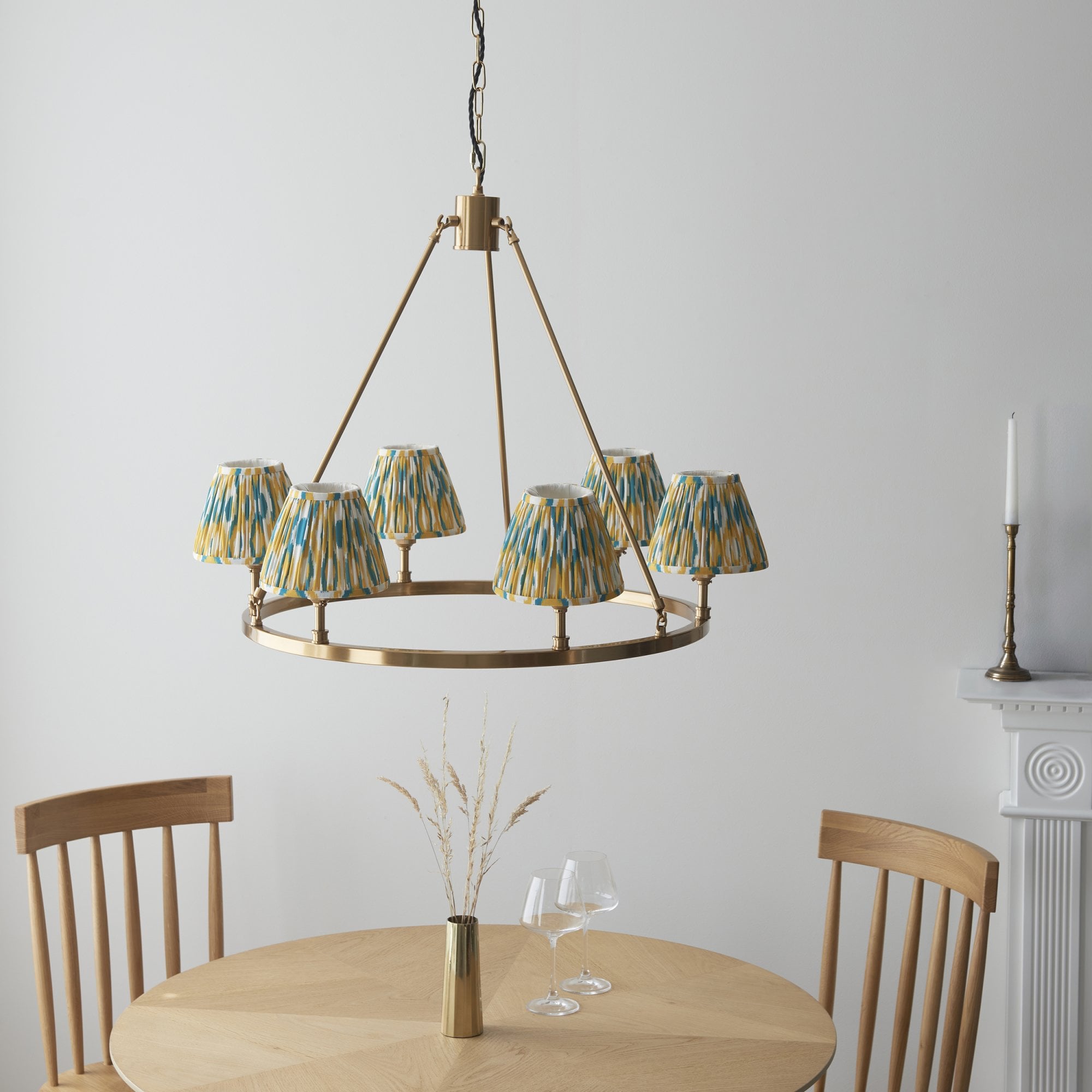 Endon Chester Aged Brass Plate 6 Light Pendant & Ikat 16cm Yellow & Jade Shade