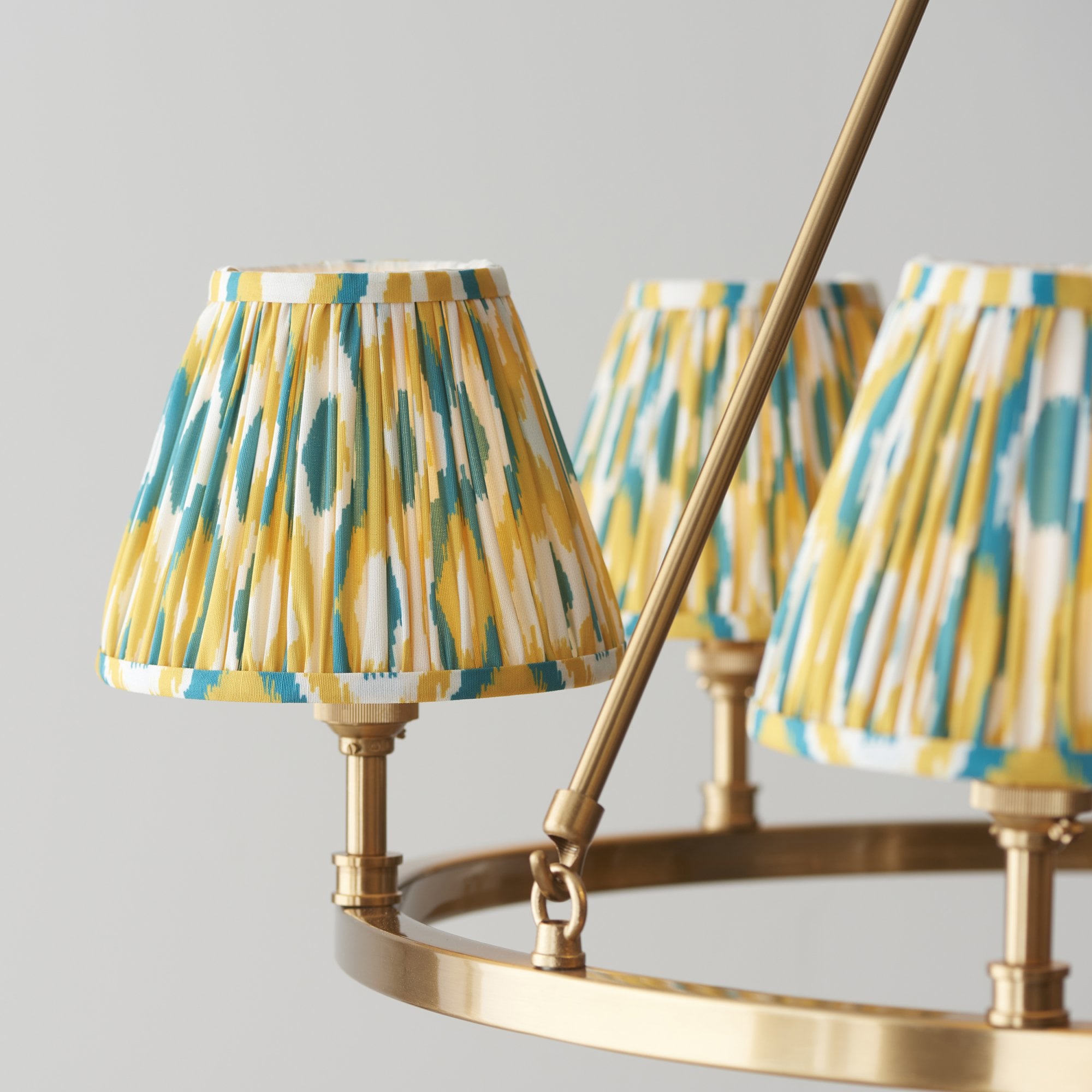 Endon Chester Aged Brass Plate 6 Light Pendant & Ikat 16cm Yellow & Jade Shade