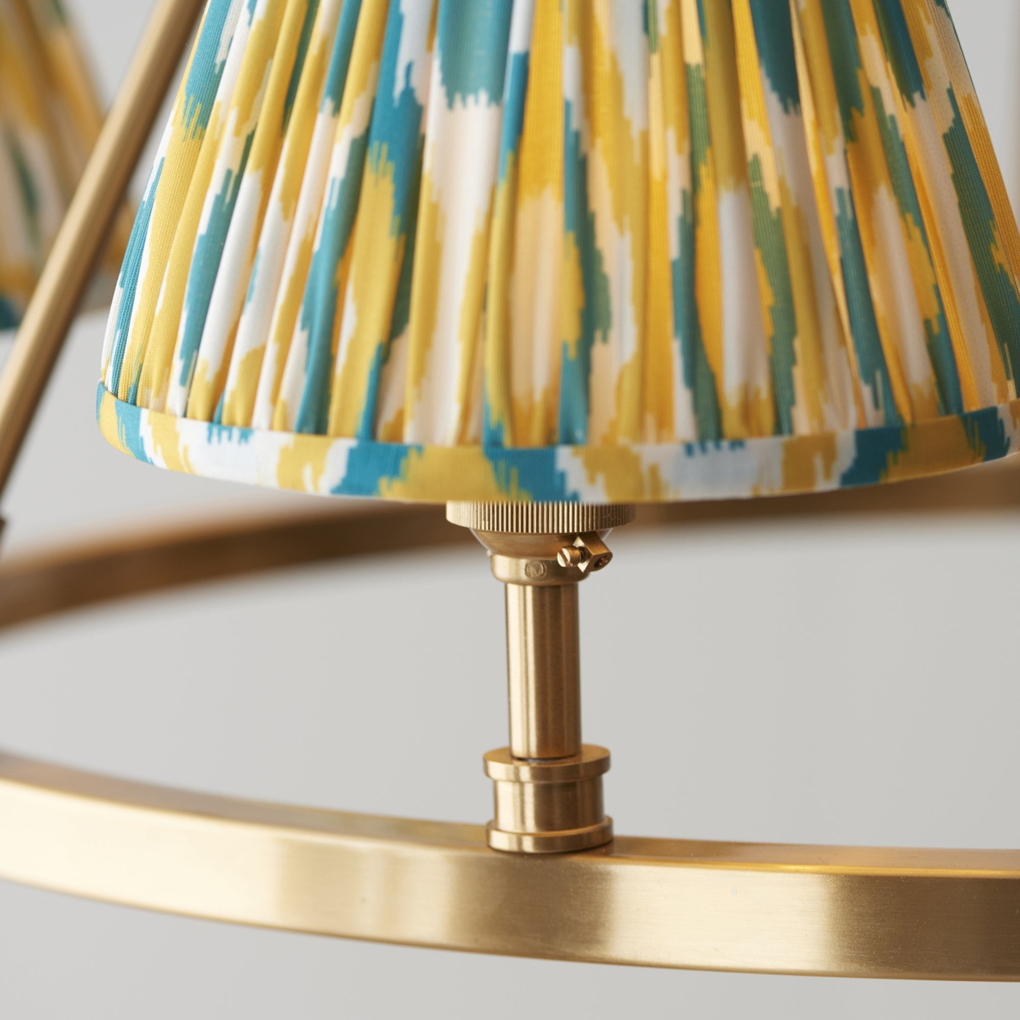 Endon Chester Aged Brass Plate 6 Light Pendant & Ikat 16cm Yellow & Jade Shade