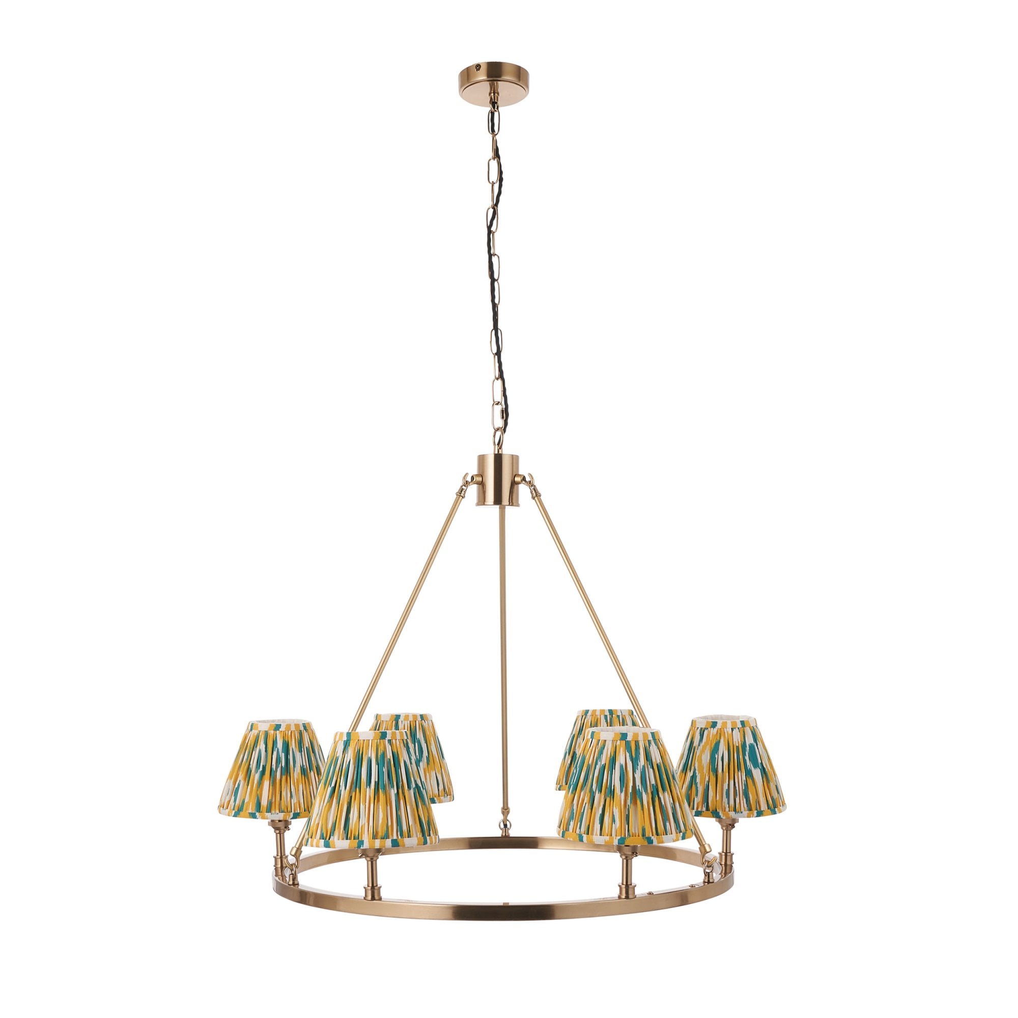 Endon Chester Aged Brass Plate 6 Light Pendant & Ikat 16cm Yellow & Jade Shade