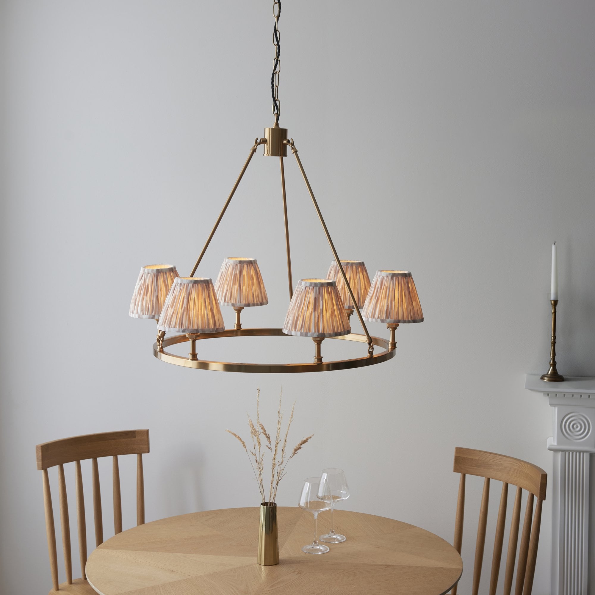 Endon Chester Aged Brass Plate 6 Light Pendant & Ikat 16cm Neutral Shade