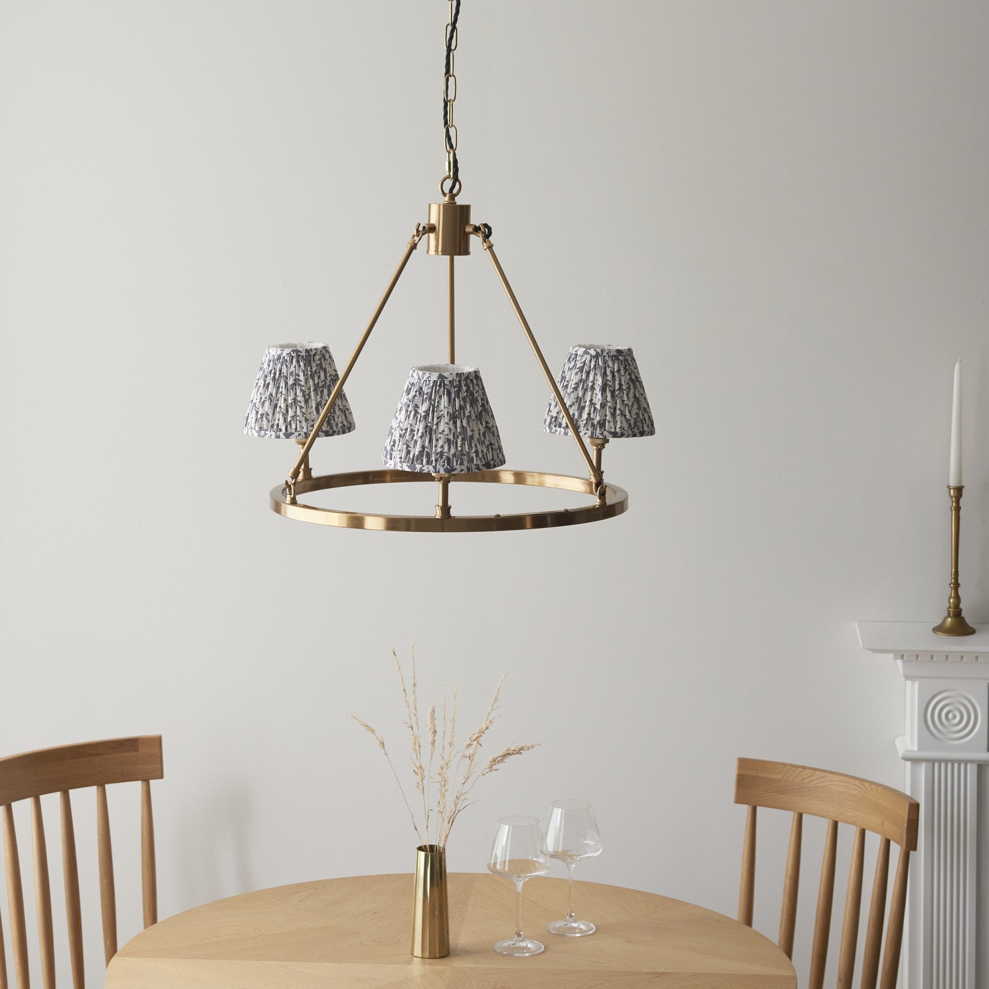 Endon Chester Aged Brass Plate 3 Light Pendant & Leaf 16cm Pearl Grey Shade