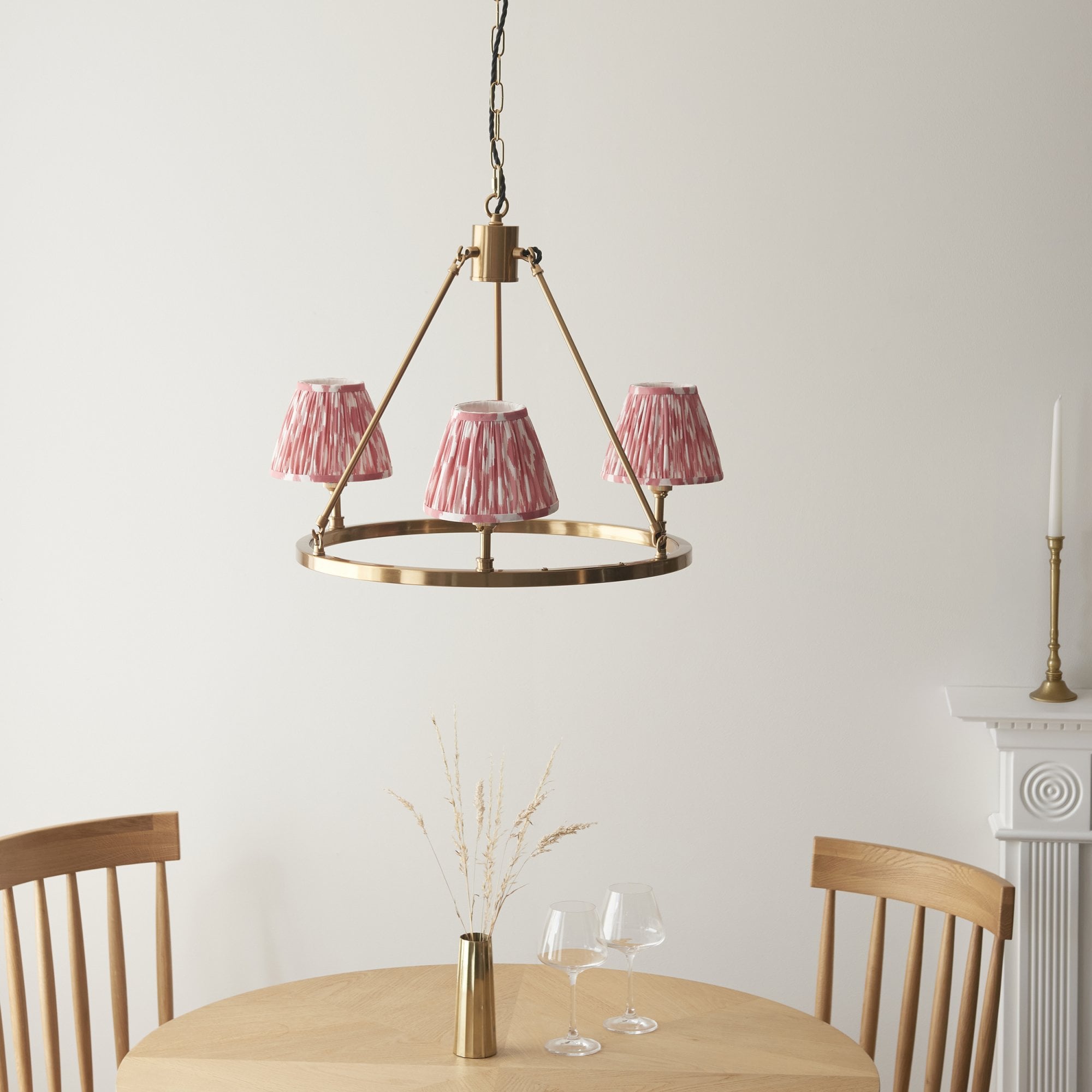 Endon Chester Aged Brass Plate 3 Light Pendant & Ikat 16cm Coral Pink Shade