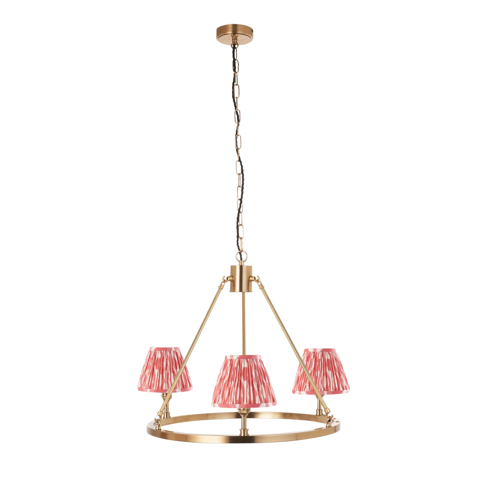 Endon Chester Aged Brass Plate 3 Light Pendant & Ikat 16cm Coral Pink Shade