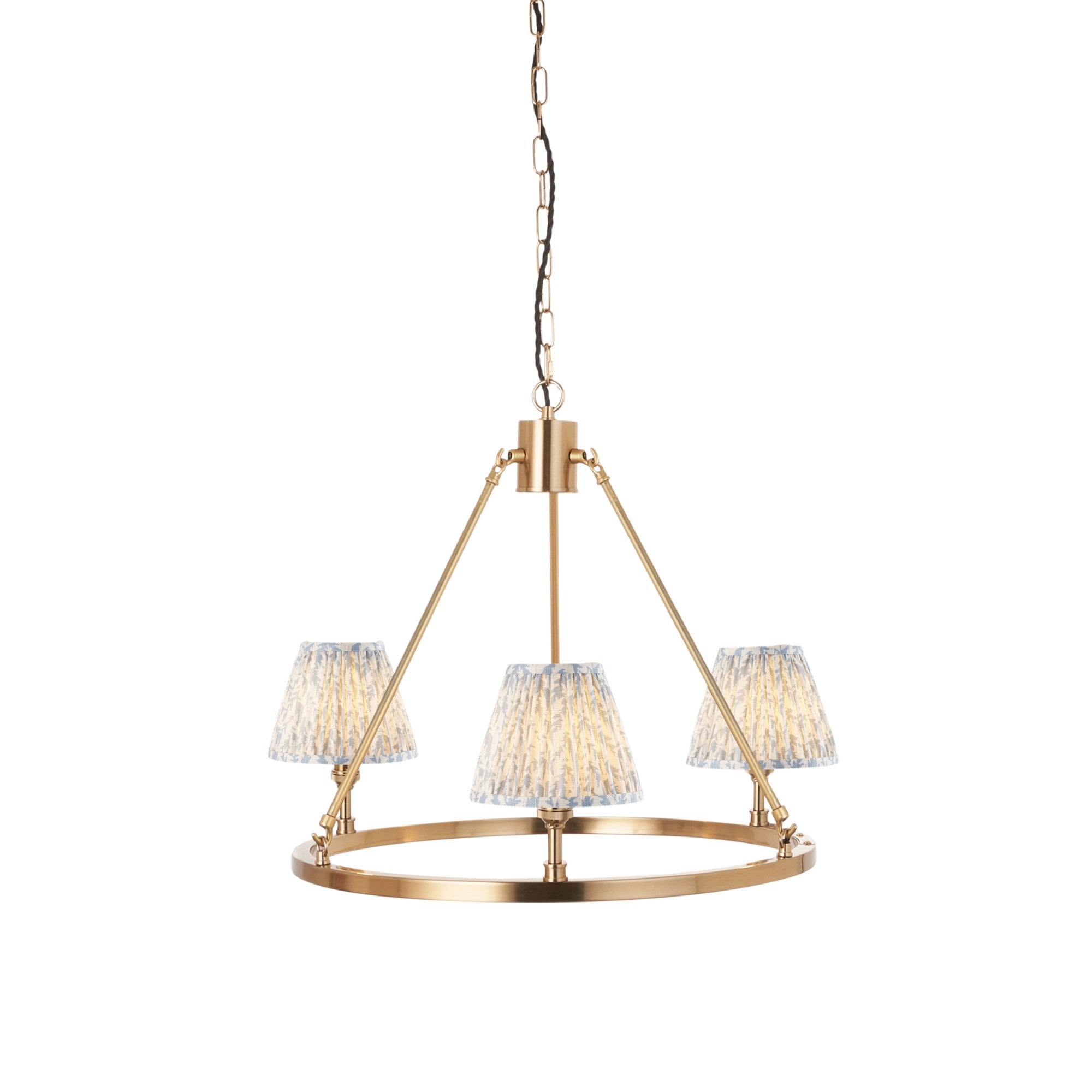 Endon Chester Aged Brass Plate 3 Light Pendant & Leaf 16cm Shell Bay Blue Shade