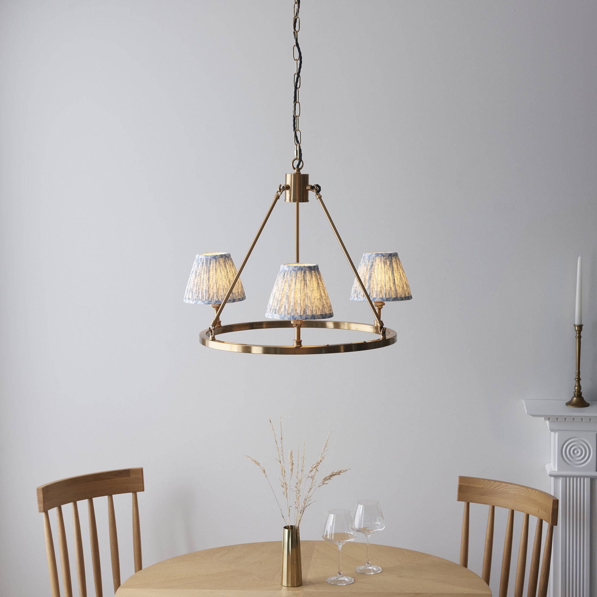 Endon Chester Aged Brass Plate 3 Light Pendant & Leaf 16cm Shell Bay Blue Shade