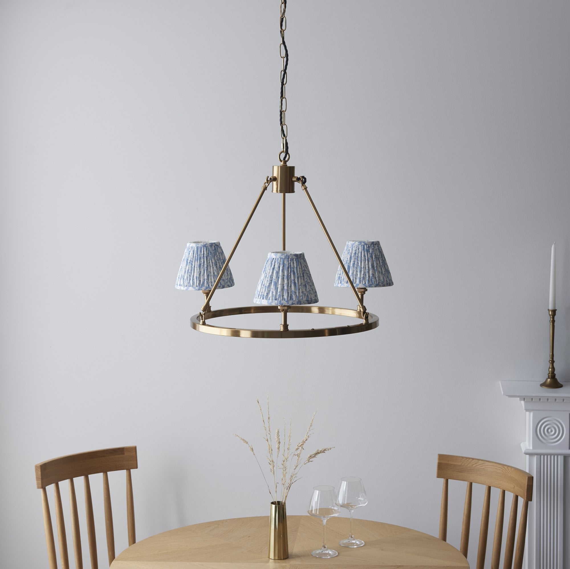 Endon Chester Aged Brass Plate 3 Light Pendant & Leaf 16cm Shell Bay Blue Shade