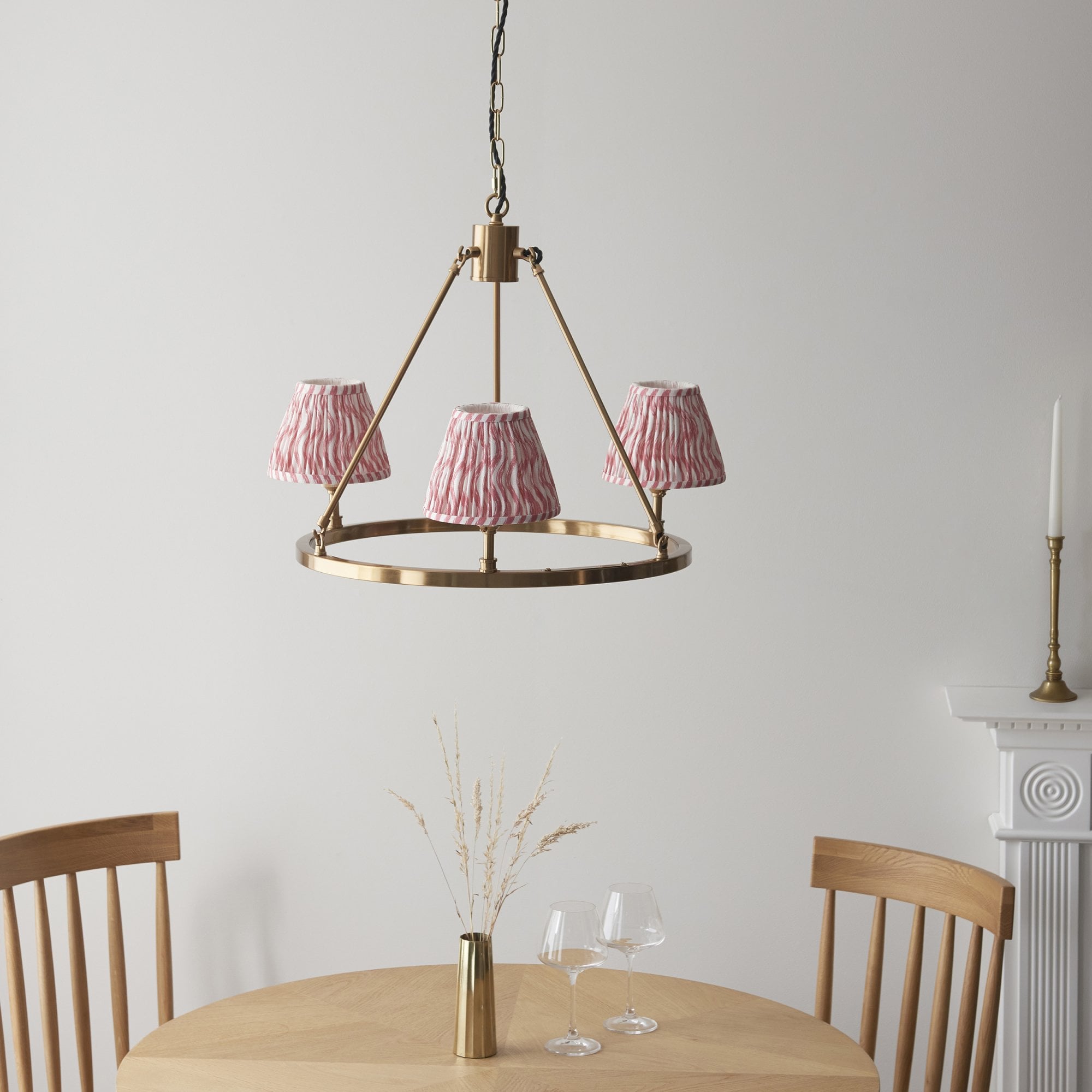 Endon Chester Aged Brass Plate 3 Light Pendant & Ripple 16cm Coral Pink Shade