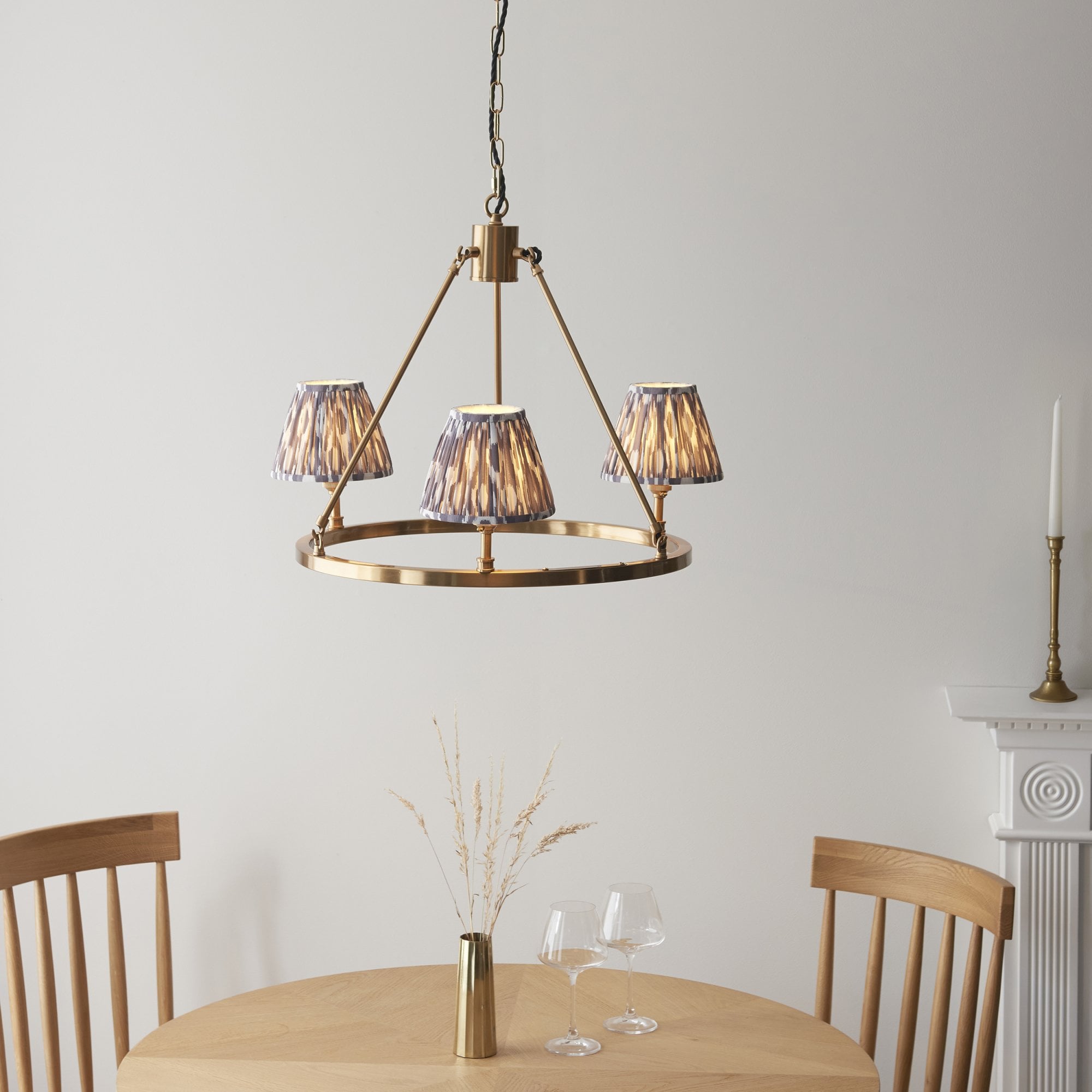 Endon Chester Aged Brass Plate 3 Light Pendant & Ikat 16cm Pearl Grey Shade