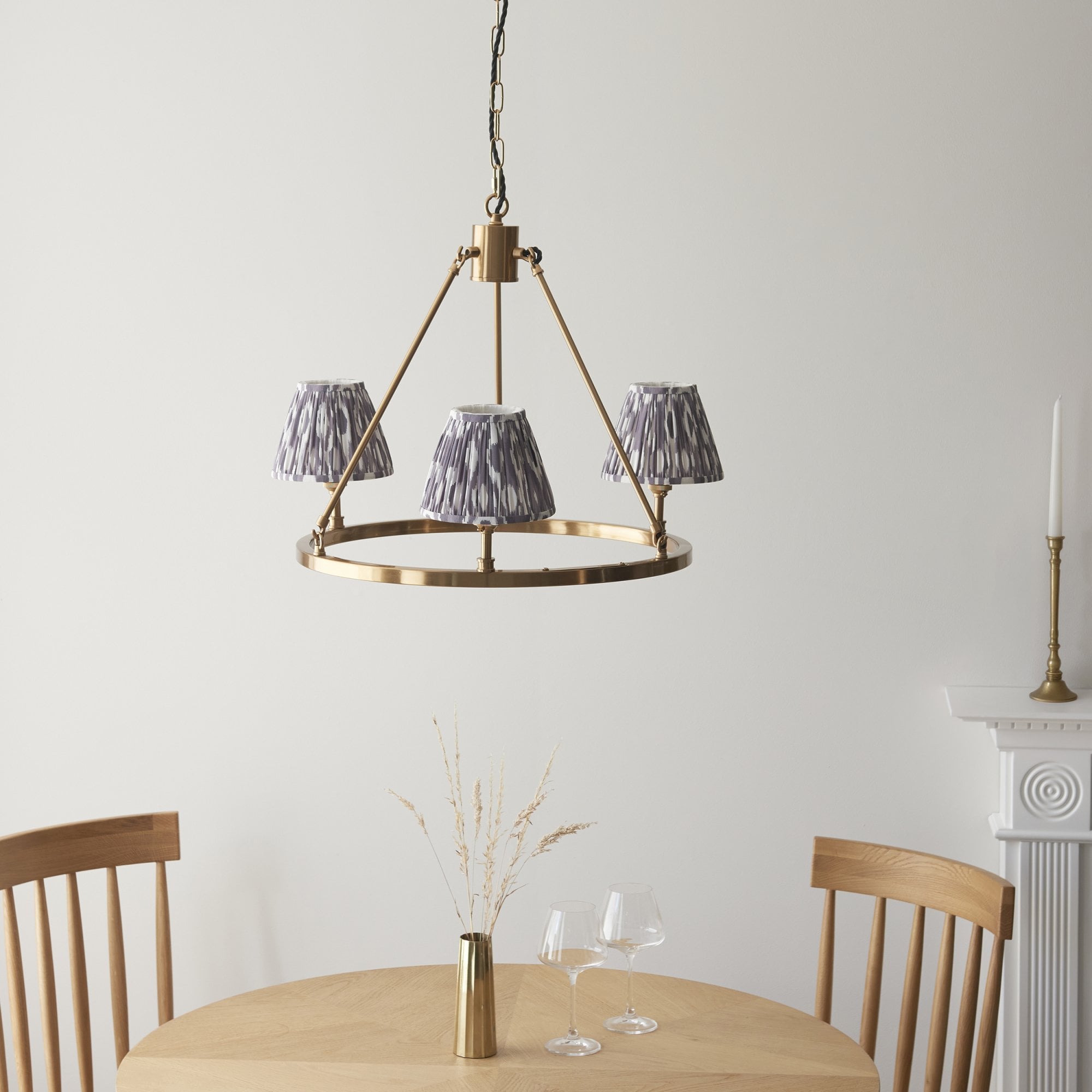 Endon Chester Aged Brass Plate 3 Light Pendant & Ikat 16cm Pearl Grey Shade