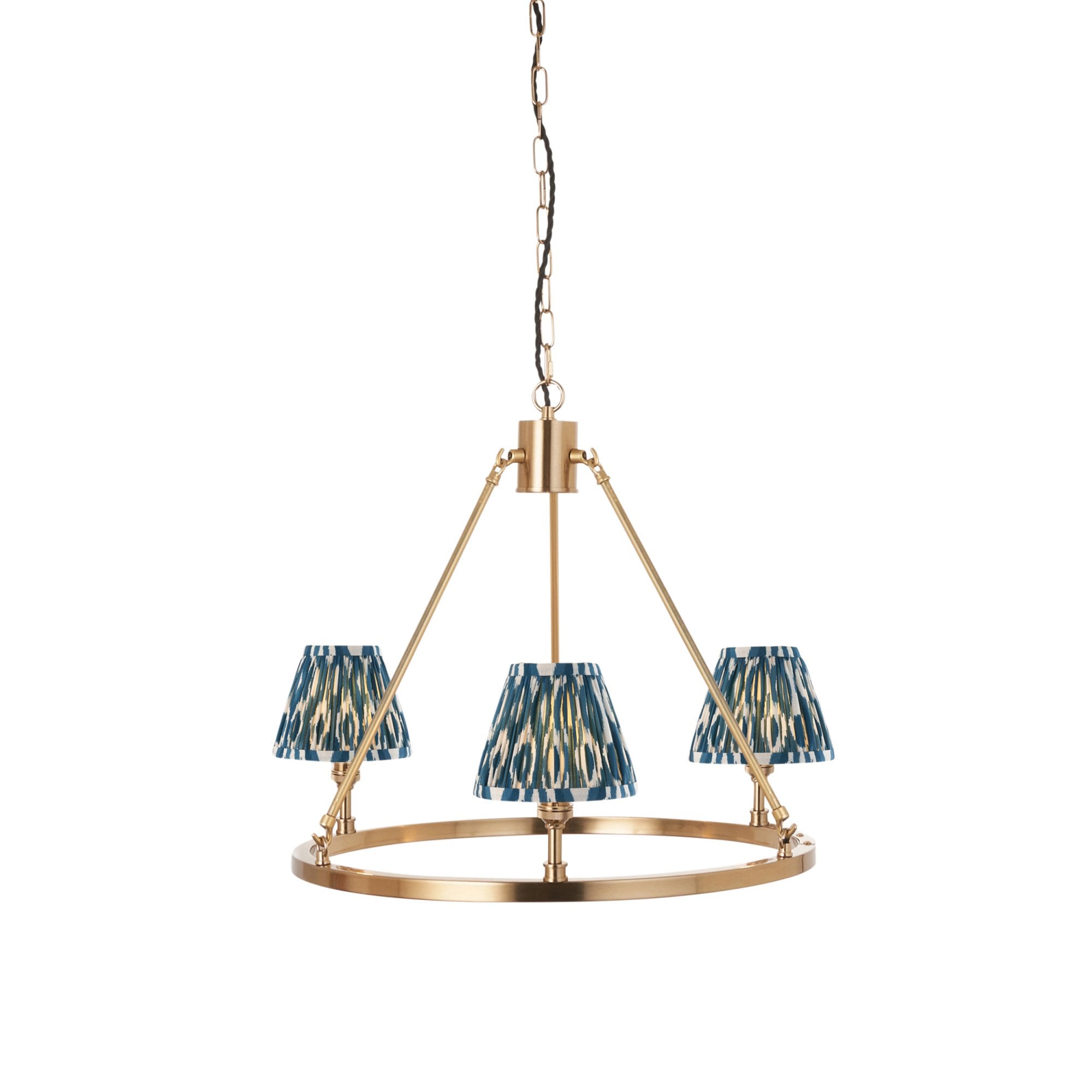 Endon Chester Aged Brass Plate 6 Light Pendant & Ikat 16cm Marlin Blue Shade