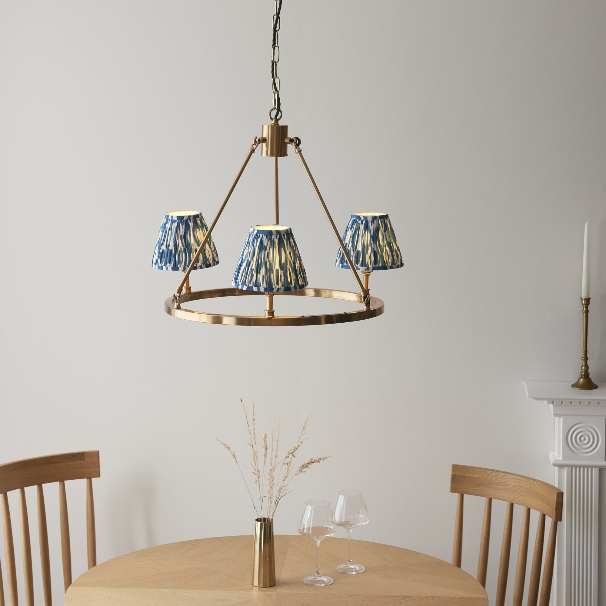 Endon Chester Aged Brass Plate 6 Light Pendant & Ikat 16cm Marlin Blue Shade