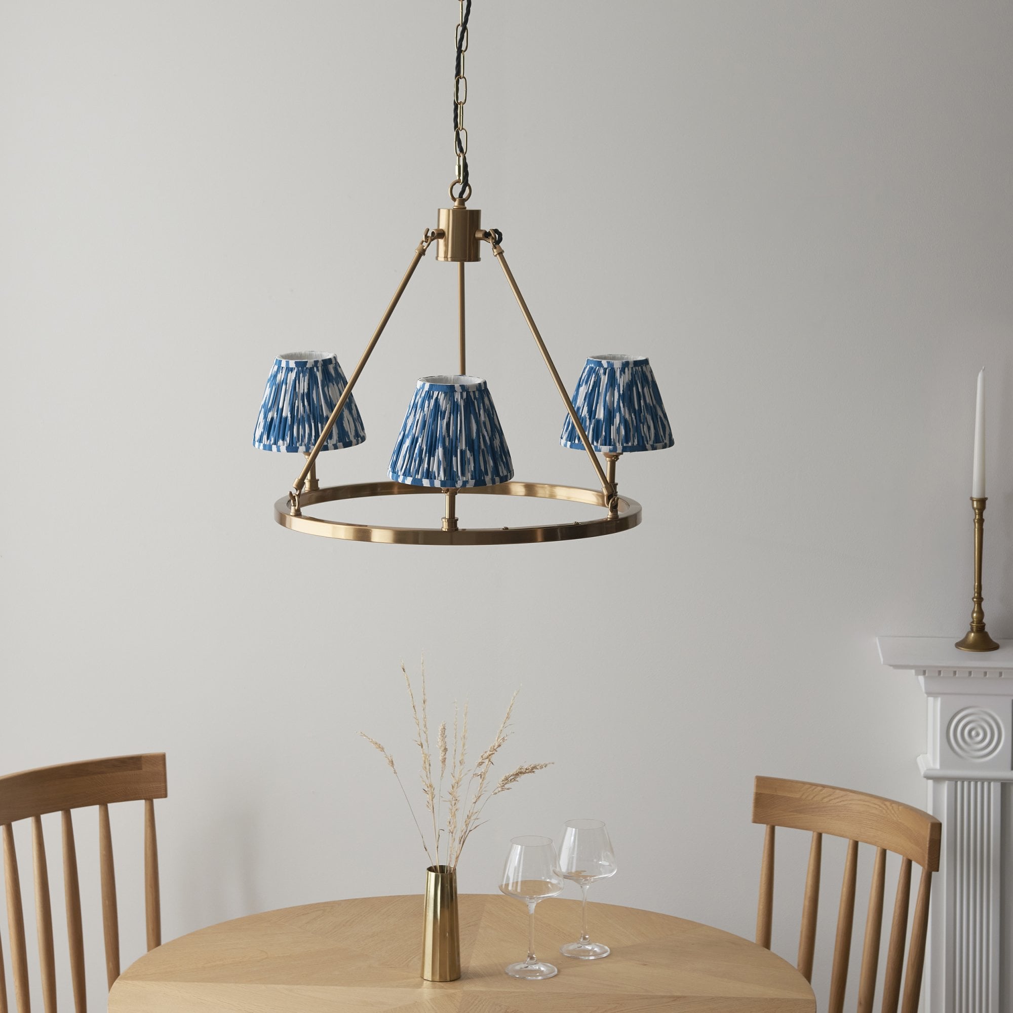 Endon Chester Aged Brass Plate 6 Light Pendant & Ikat 16cm Marlin Blue Shade