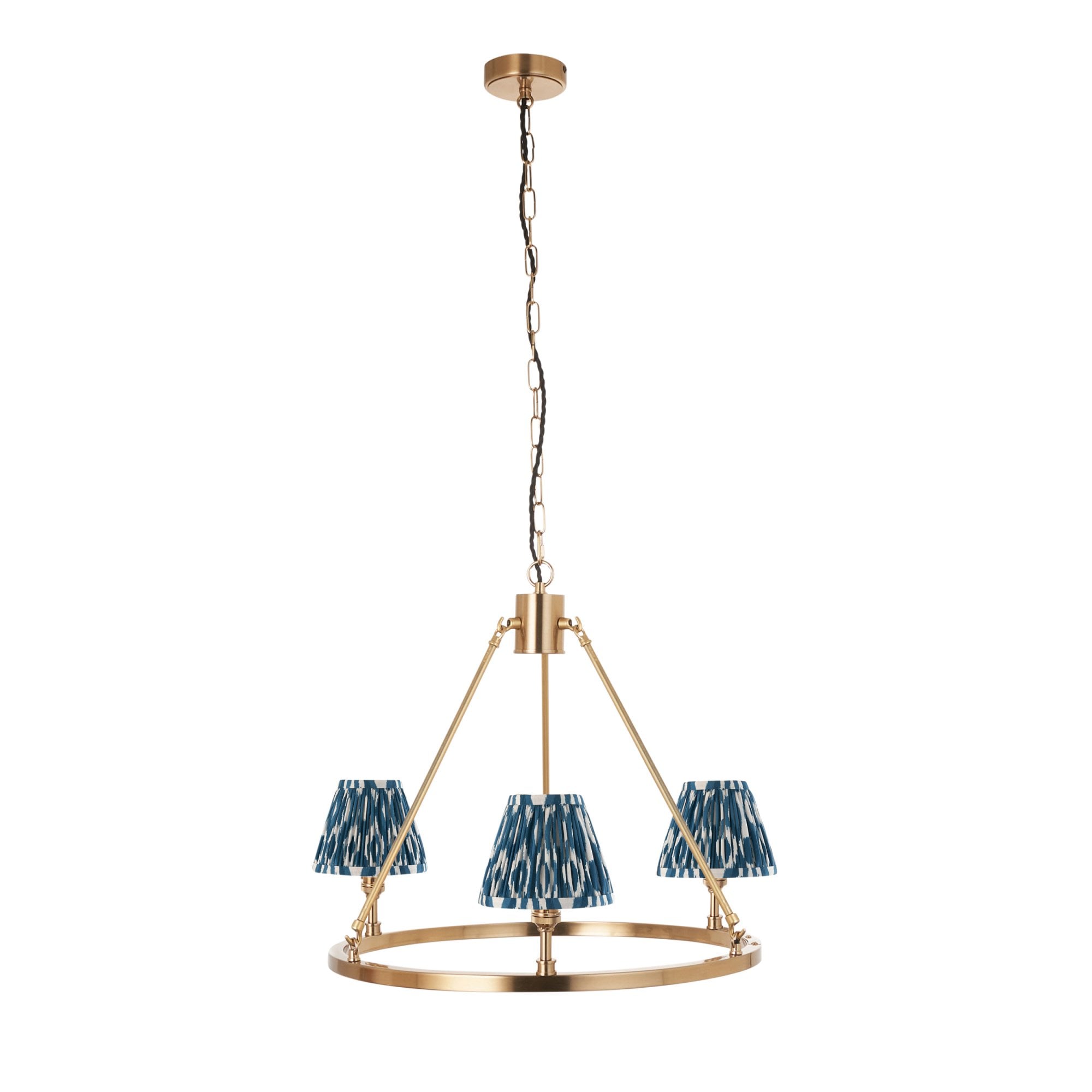 Endon Chester Aged Brass Plate 6 Light Pendant & Ikat 16cm Marlin Blue Shade