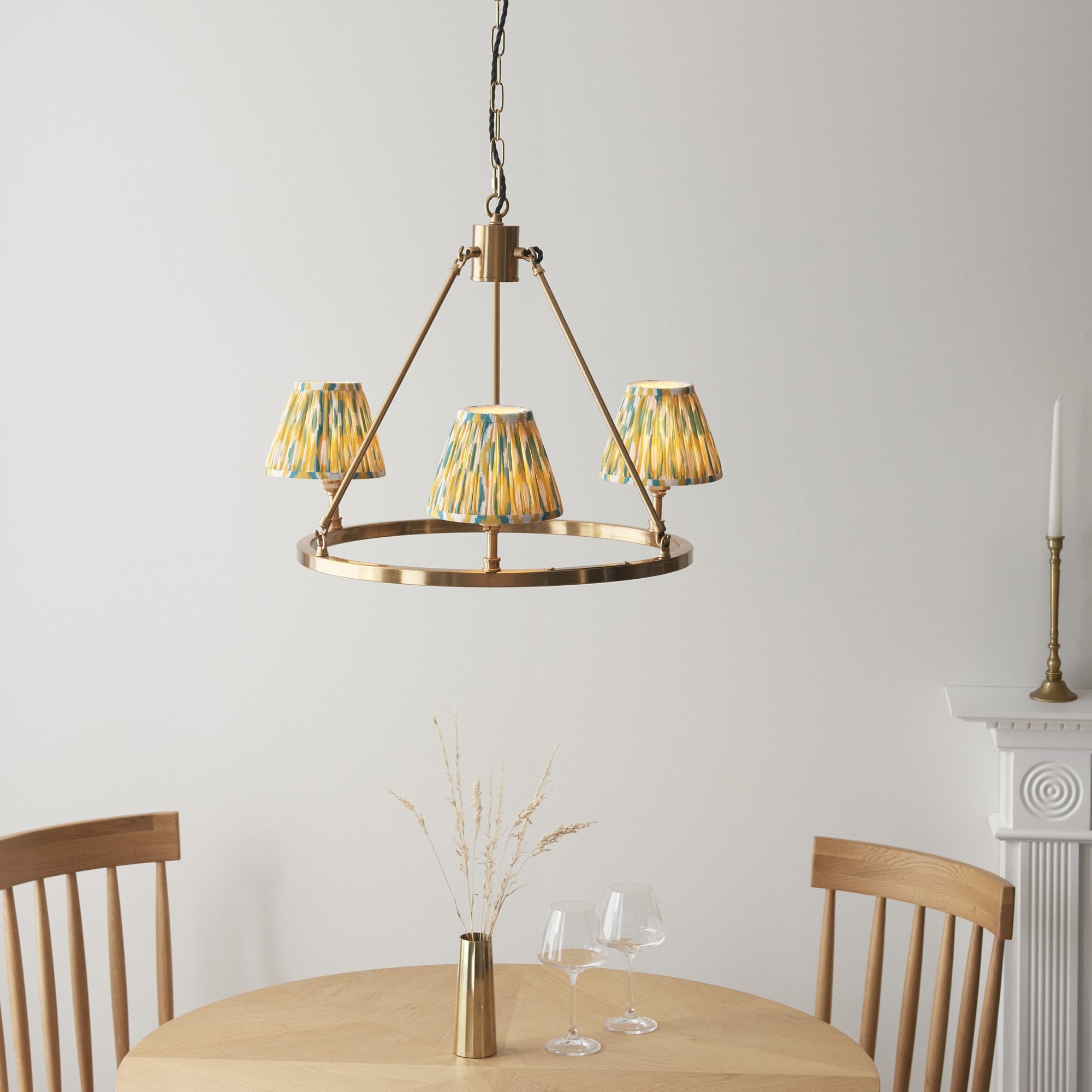 Endon Chester Aged Brass Plate 3 Light Pendant & Ikat 16cm Yellow & Jade Shade