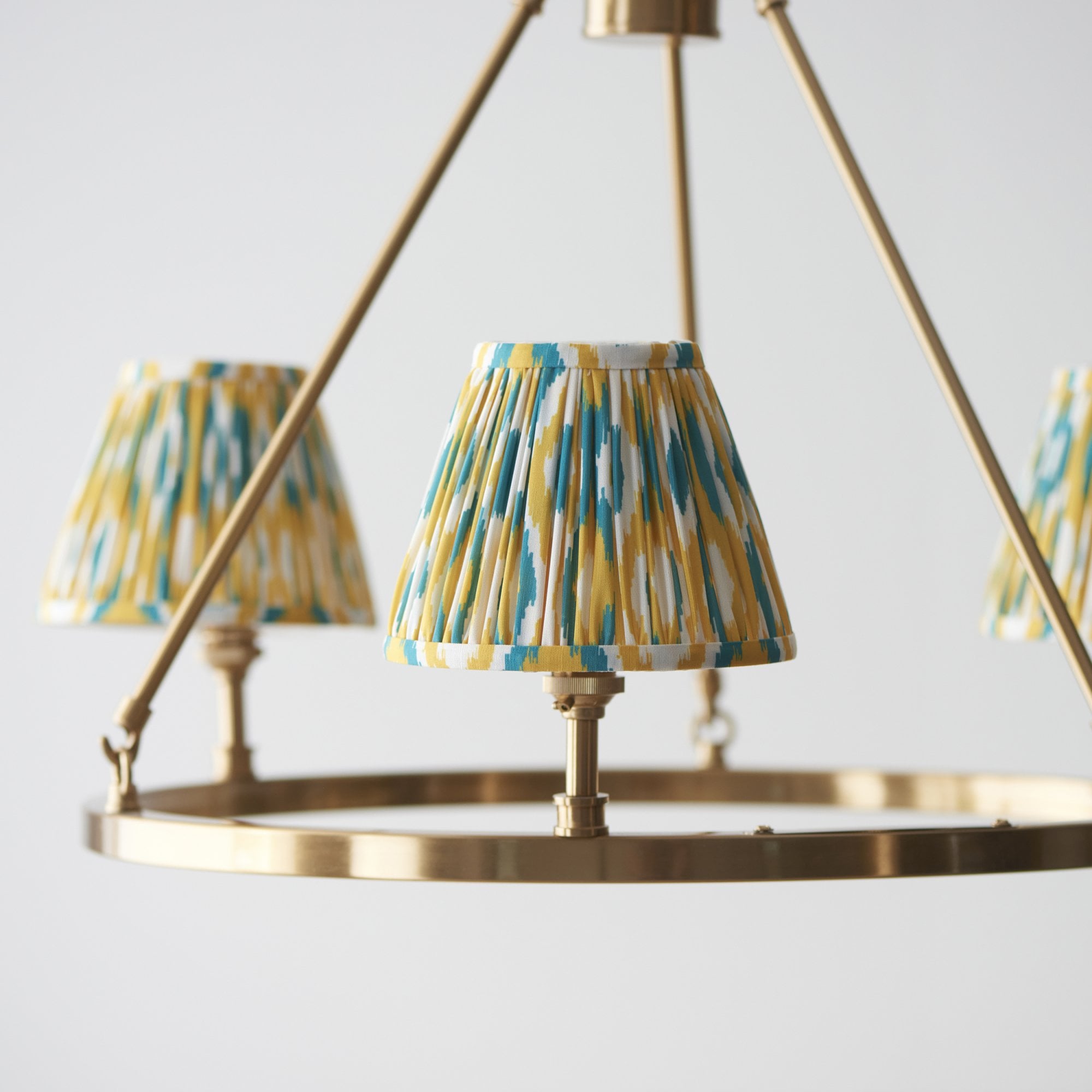 Endon Chester Aged Brass Plate 3 Light Pendant & Ikat 16cm Yellow & Jade Shade