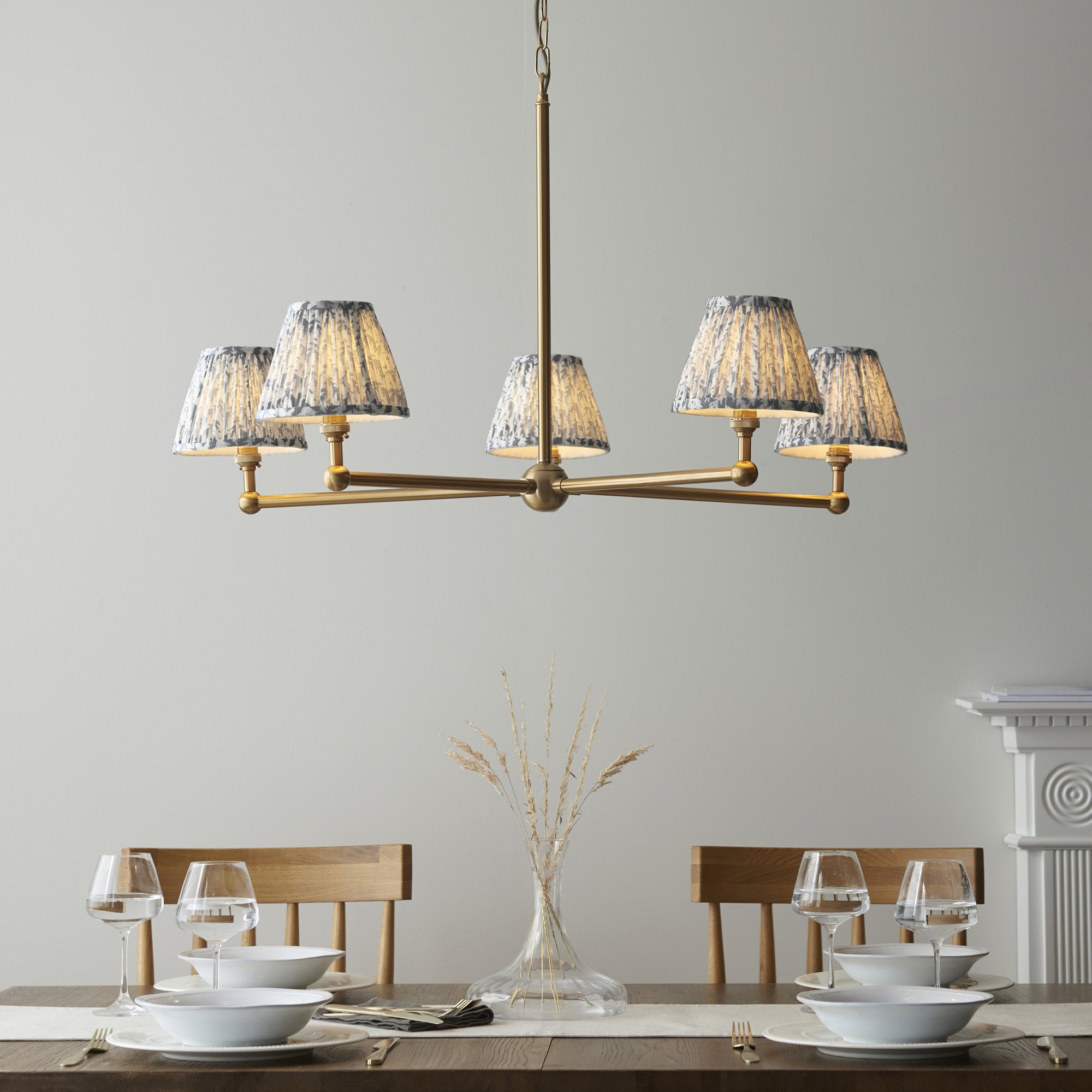 Endon Santiago Brushed Aged Brass 5 Light Pendant & Leaf 16cm Pearl Grey Shade