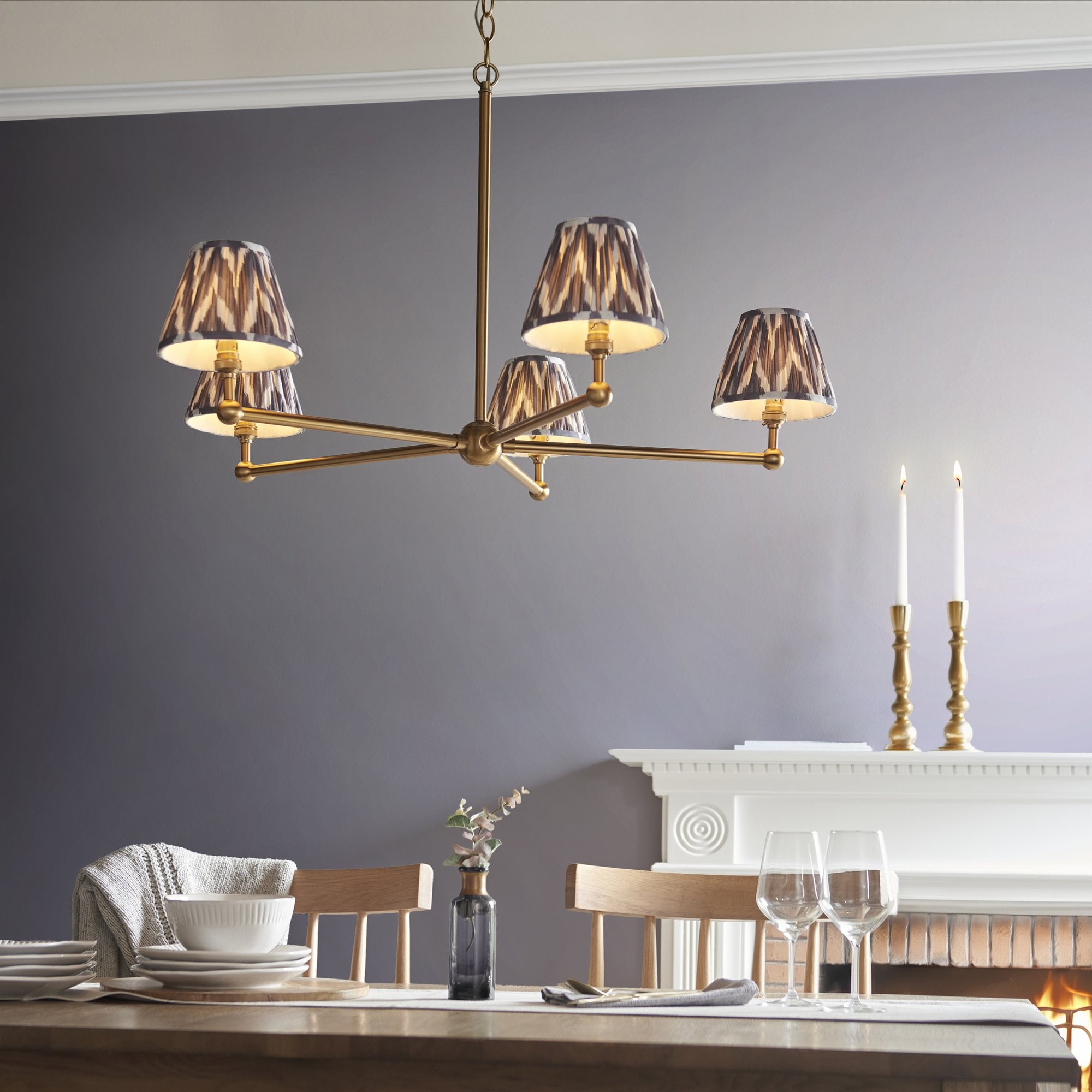 Endon Santiago Brushed Aged Brass 5 Light Pendant & Zigzag 16cm Pearl Grey Shade